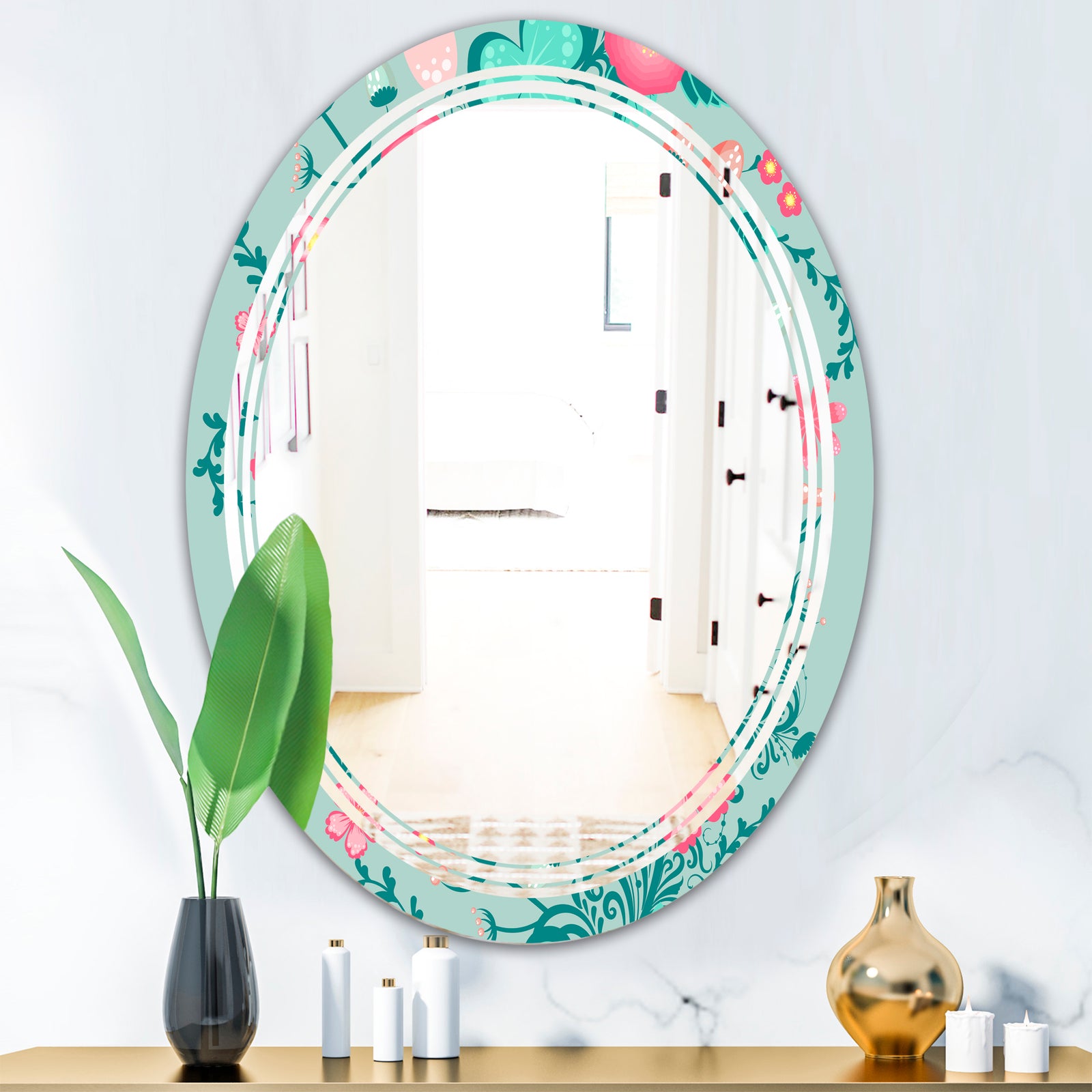 Spring floral pattern in soft pastel colors - Modern Round or Oval Wall Mirror - Triple C