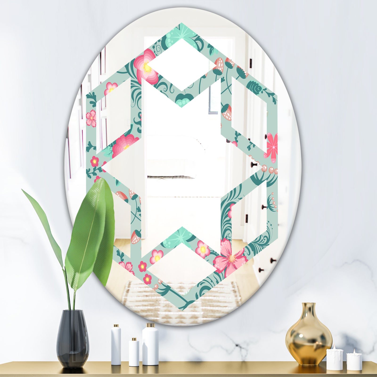 Spring floral pattern in soft pastel colors - Modern Round or Oval Wall Mirror - Hexagon Star