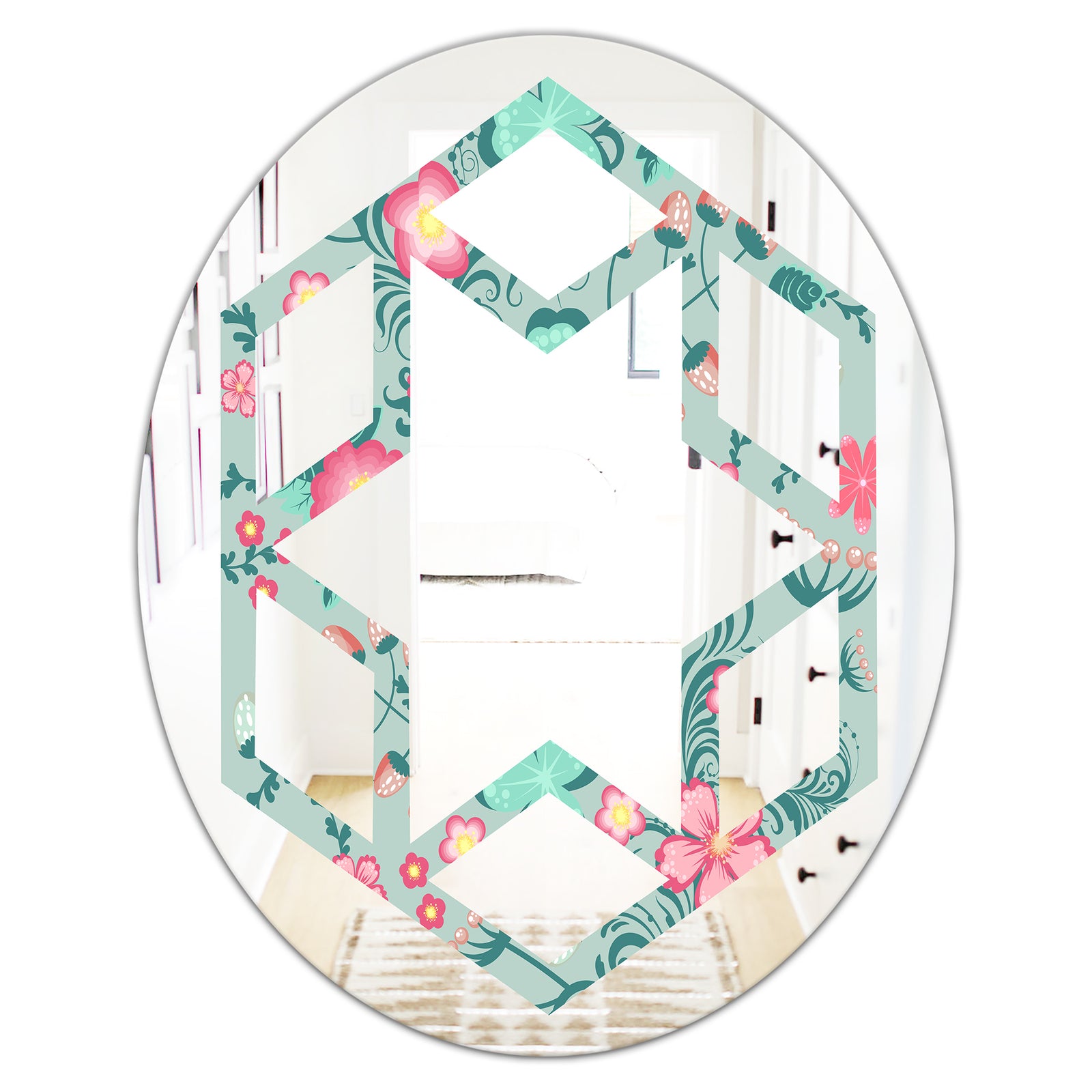Spring floral pattern in soft pastel colors - Modern Round or Oval Wall Mirror - Hexagon Star