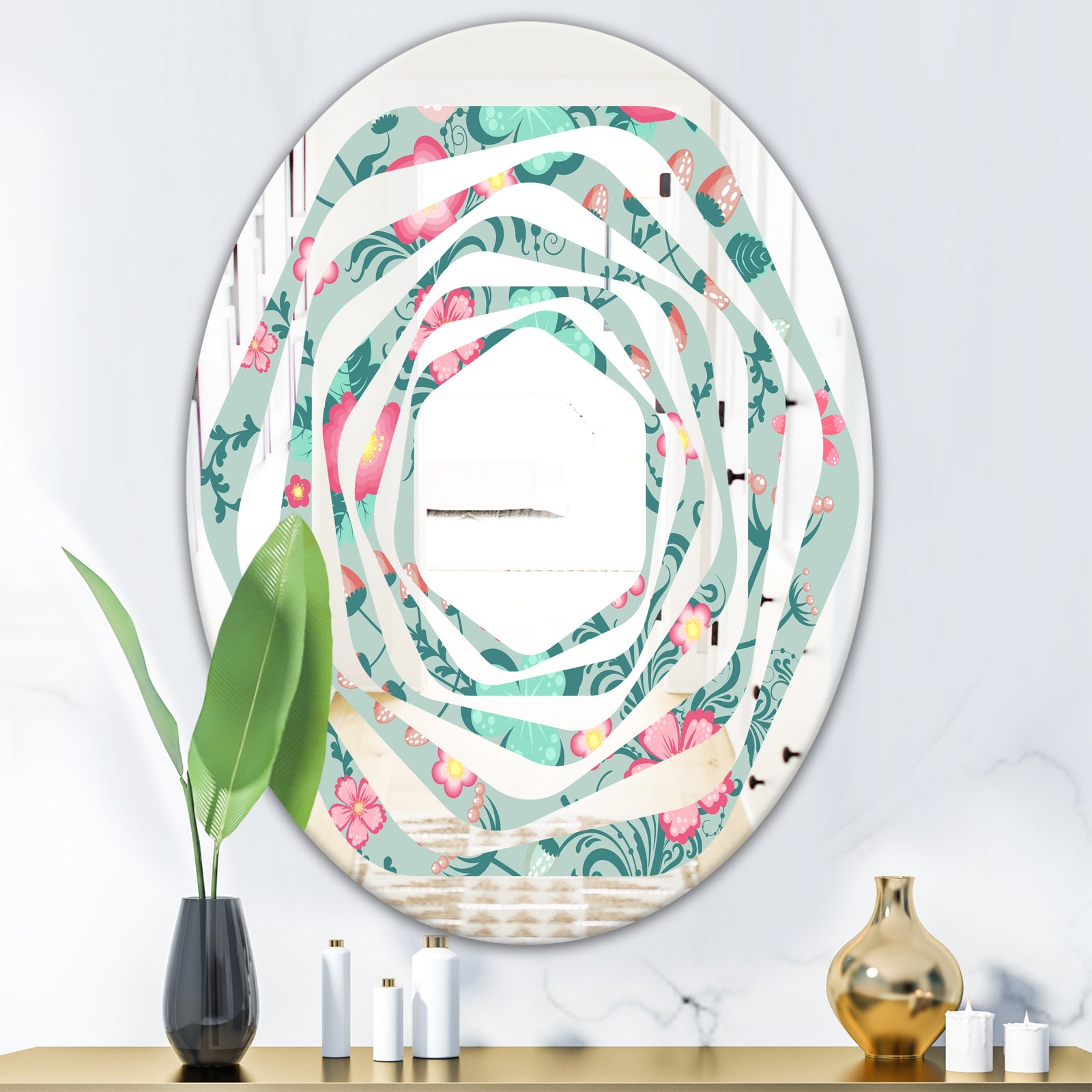 Spring floral pattern in soft pastel colors - Modern Round or Oval Wall Mirror - Whirl
