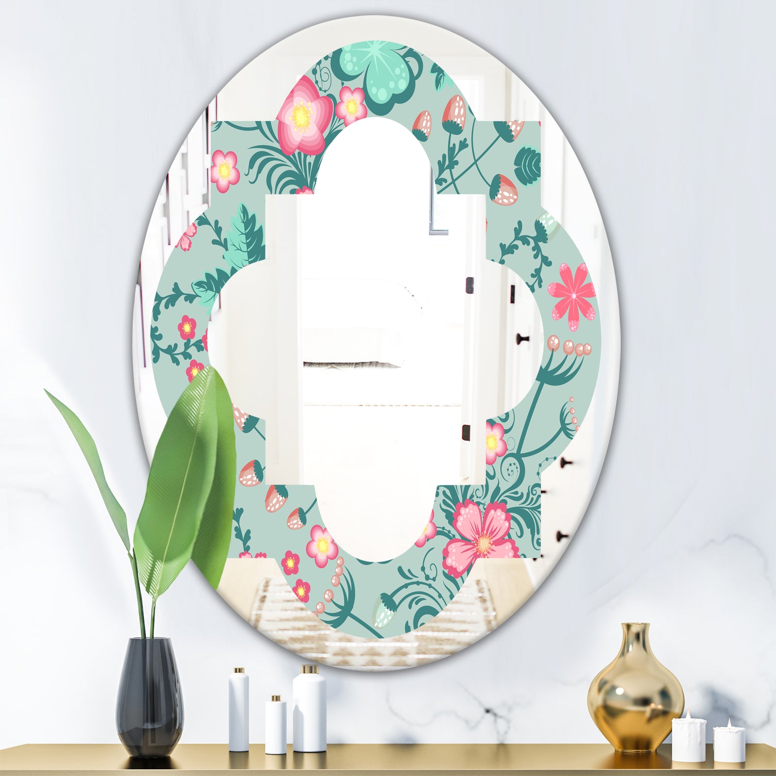 Spring floral pattern in soft pastel colors - Modern Round or Oval Wall Mirror - Quatrefoil
