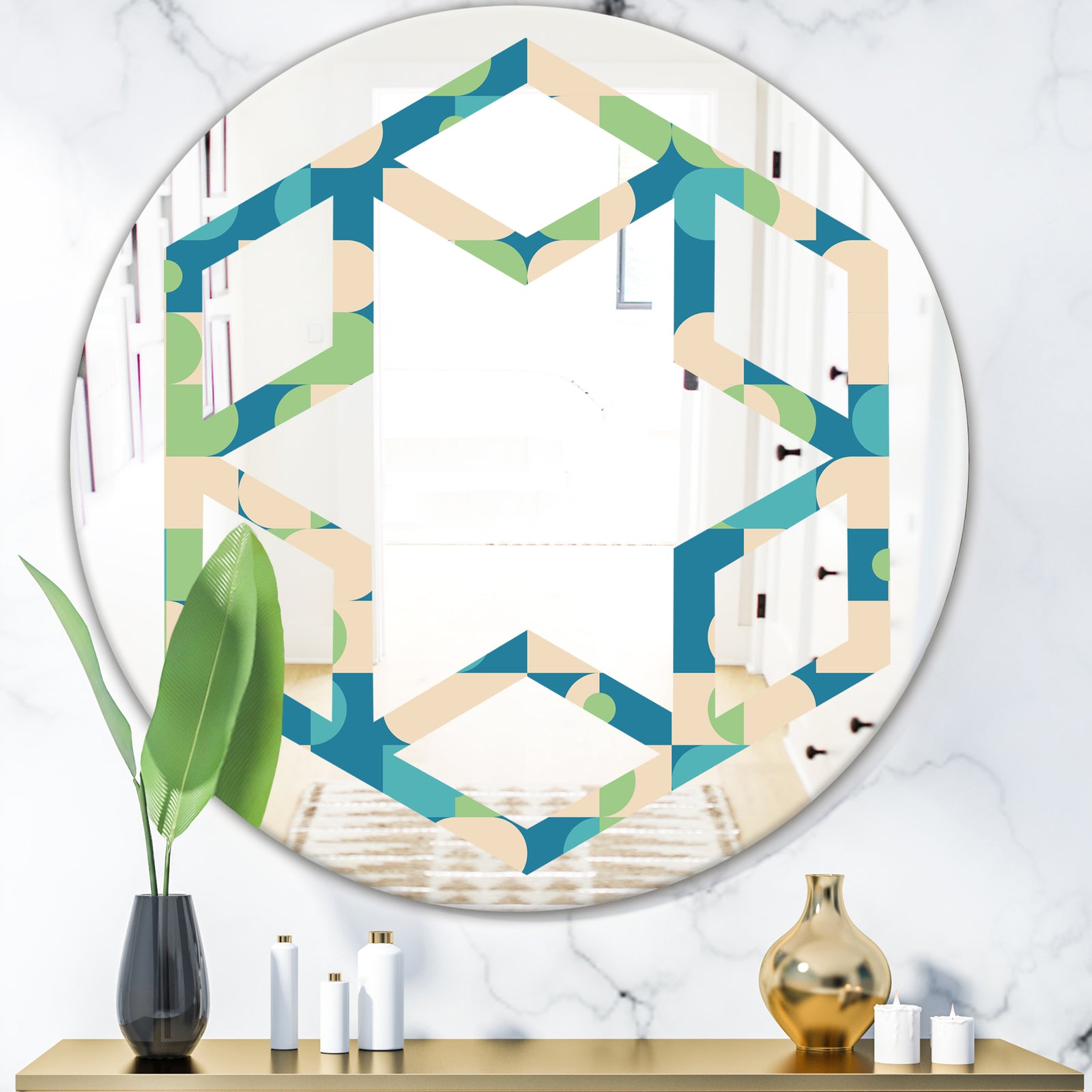 Retro Abstract Pattern I - Modern Round or Oval Wall Mirror - Hexagon Star
