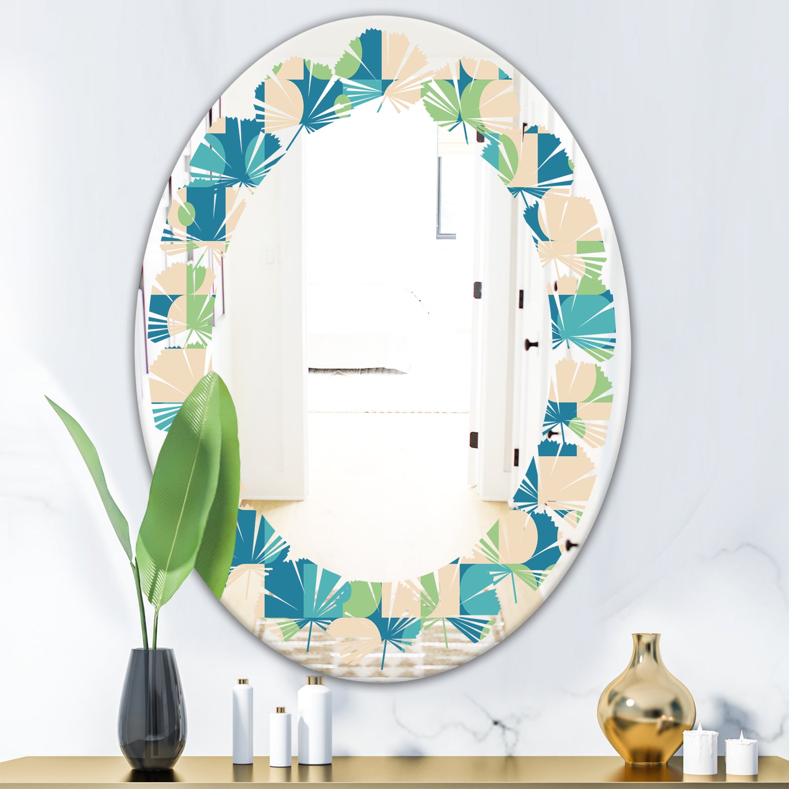 Retro Abstract Pattern I - Modern Round or Oval Wall Mirror - Leaves