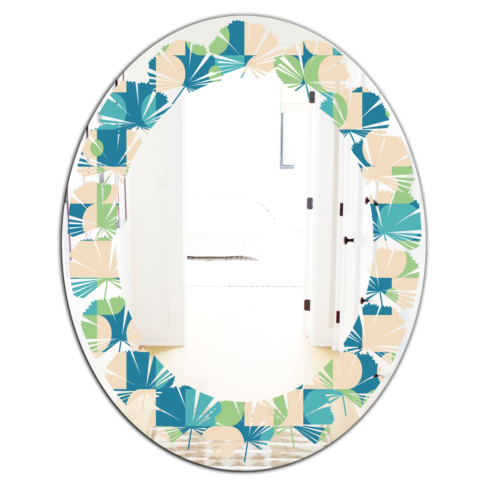 Retro Abstract Pattern I - Modern Round or Oval Wall Mirror - Leaves
