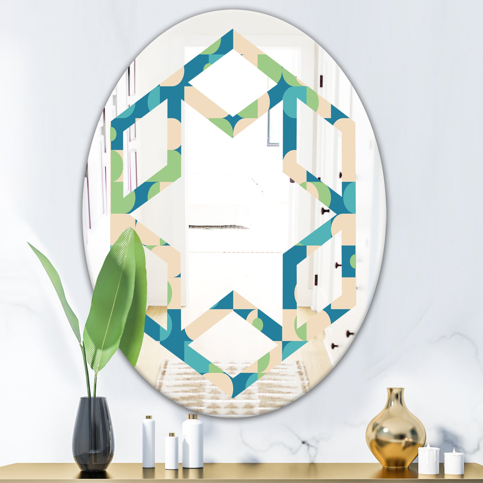 Retro Abstract Pattern I - Modern Round or Oval Wall Mirror - Hexagon Star