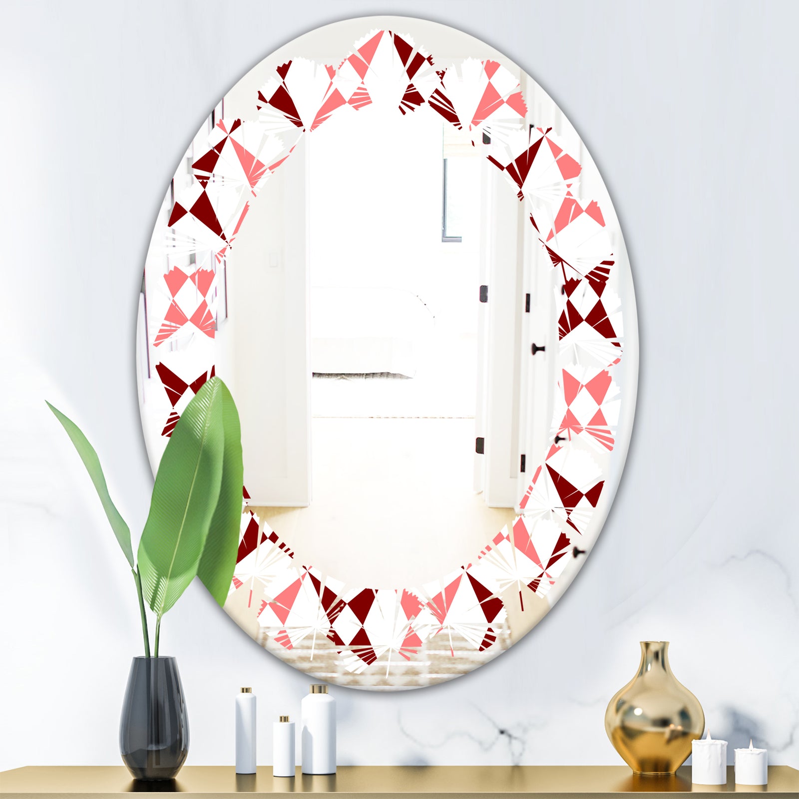 Retro Grid Pattern I - Modern Round or Oval Wall Mirror - Leaves