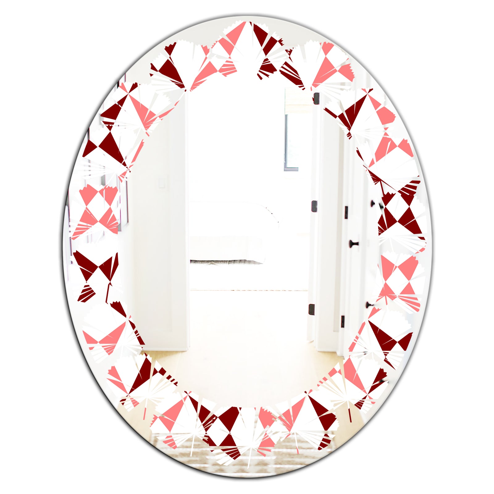 Retro Grid Pattern I - Modern Round or Oval Wall Mirror - Leaves