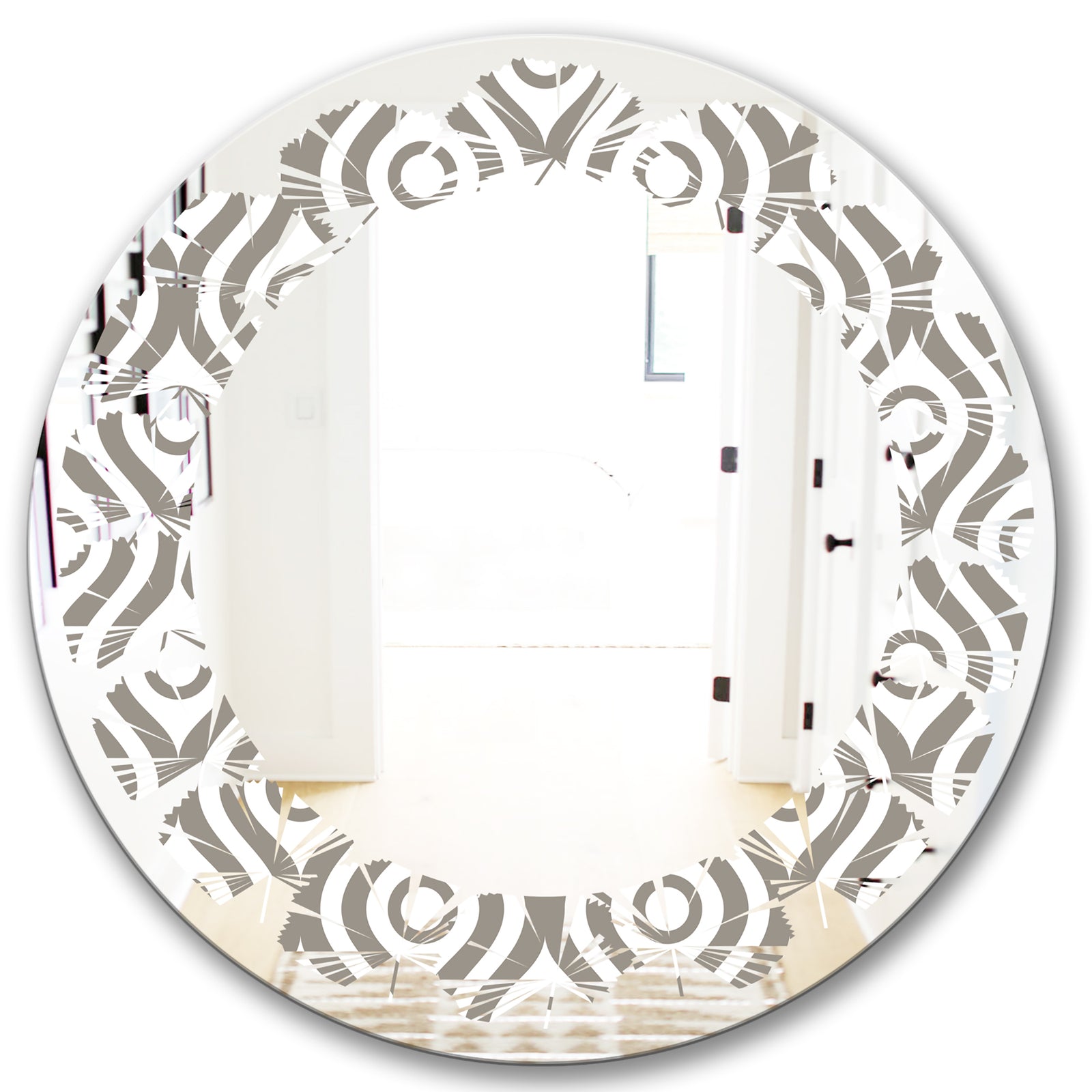Retro Geometrical Abstract Minimal Pattern XIV - Modern Round or Oval Wall Mirror - Leaves