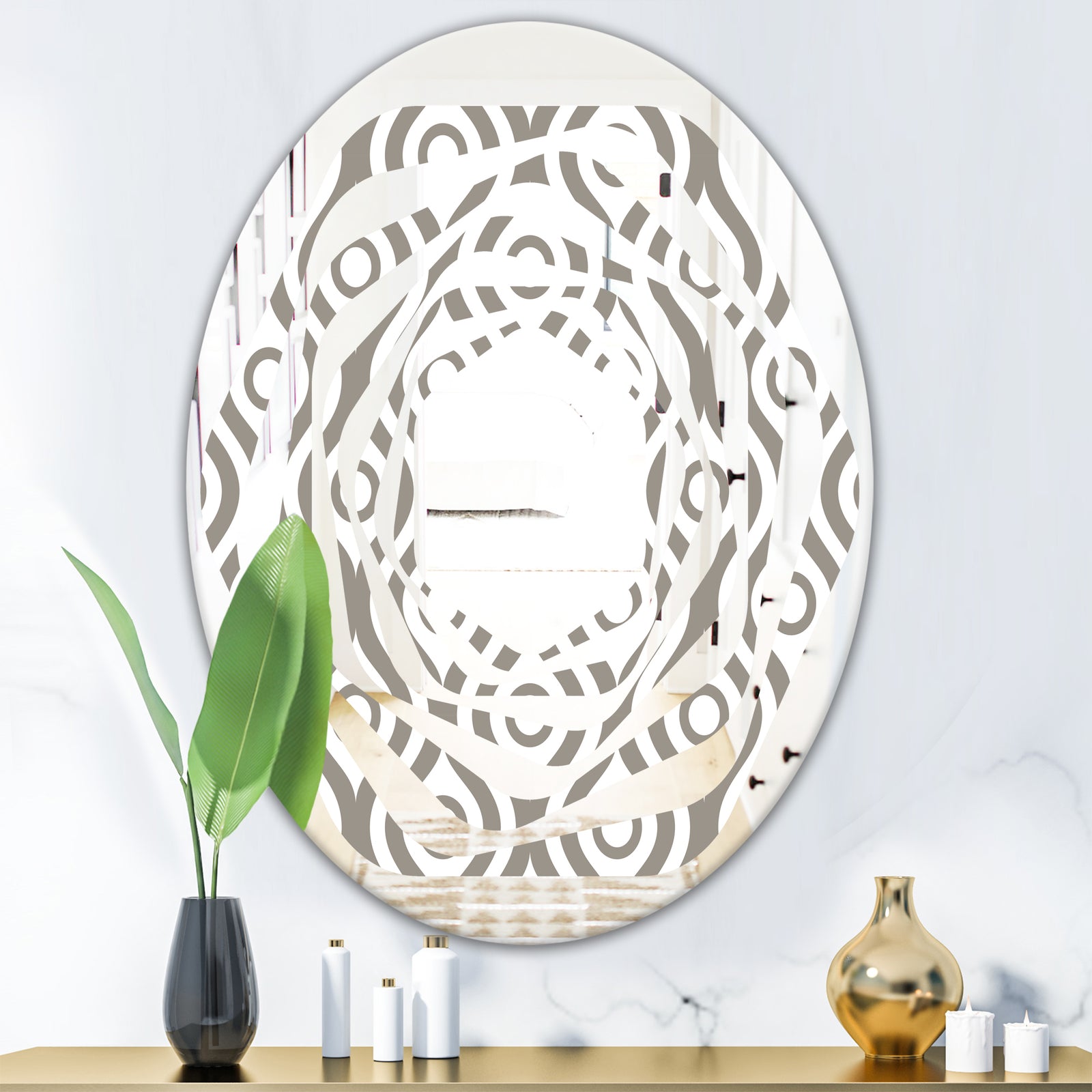 Retro Geometrical Abstract Minimal Pattern XIV - Modern Round or Oval Wall Mirror - Whirl