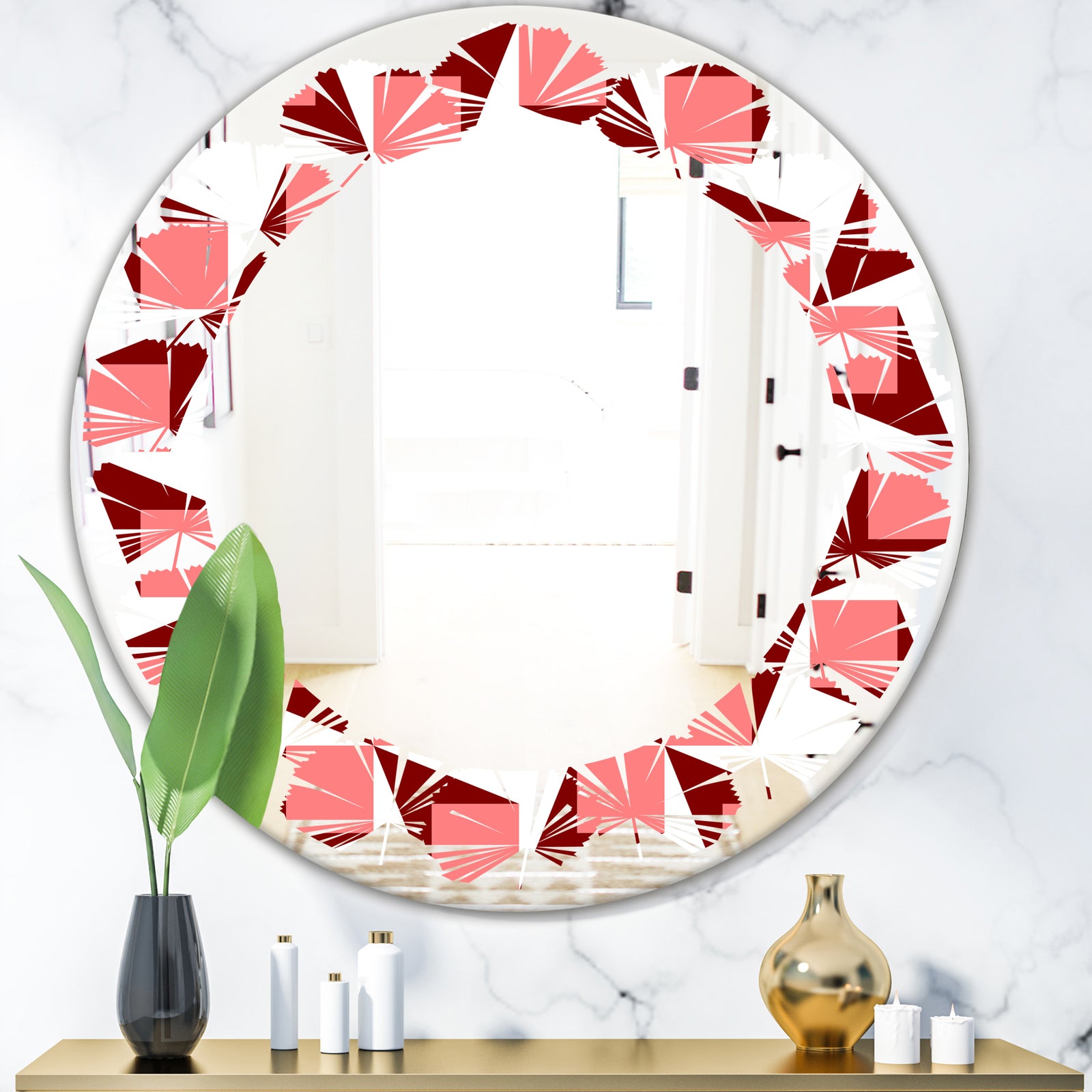 Retro Geometrical Abstract Minimal Pattern XIII - Modern Round or Oval Wall Mirror - Leaves