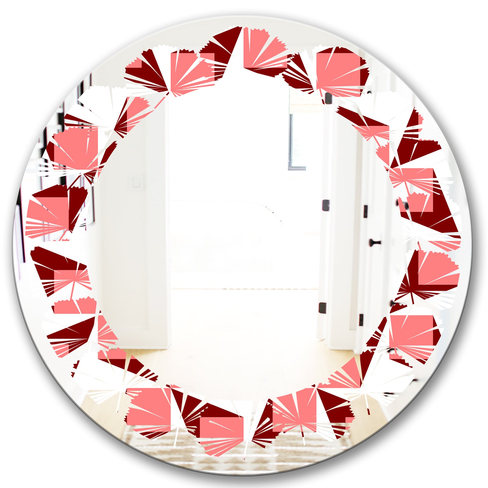 Retro Geometrical Abstract Minimal Pattern XIII - Modern Round or Oval Wall Mirror - Leaves