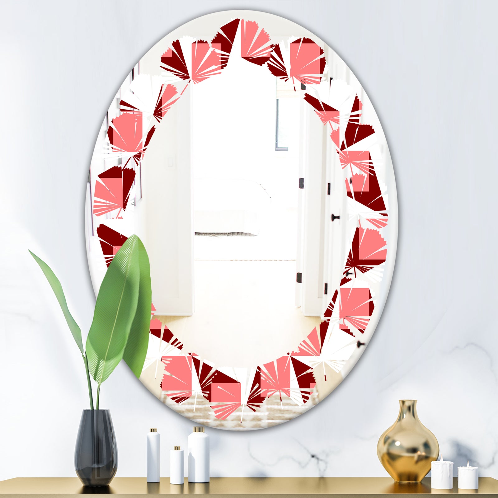Retro Geometrical Abstract Minimal Pattern XIII - Modern Round or Oval Wall Mirror - Leaves