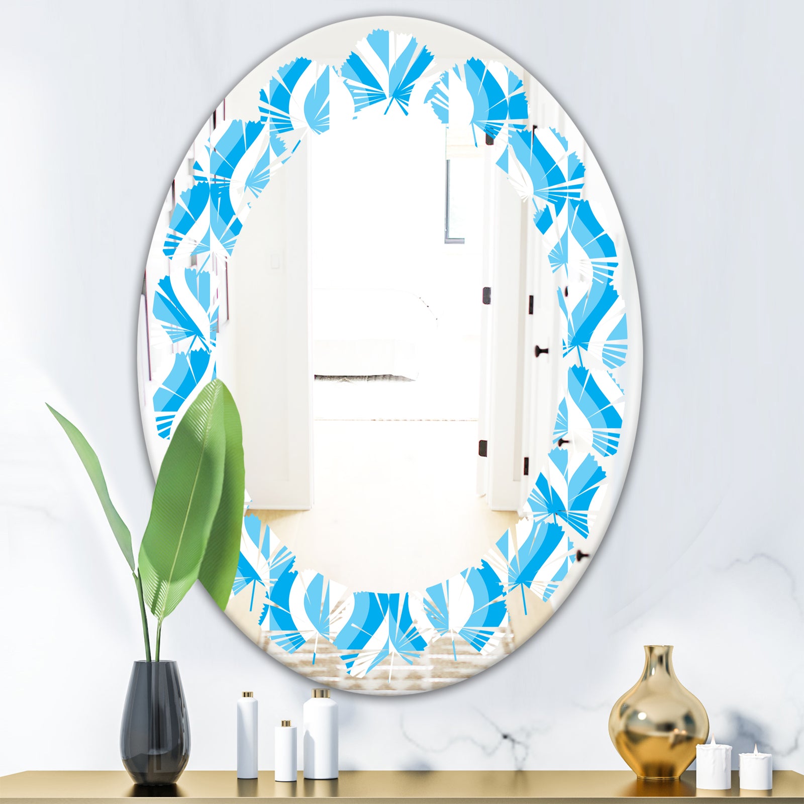 Retro Pattern Abstract Design VI - Modern Round or Oval Wall Mirror - Leaves