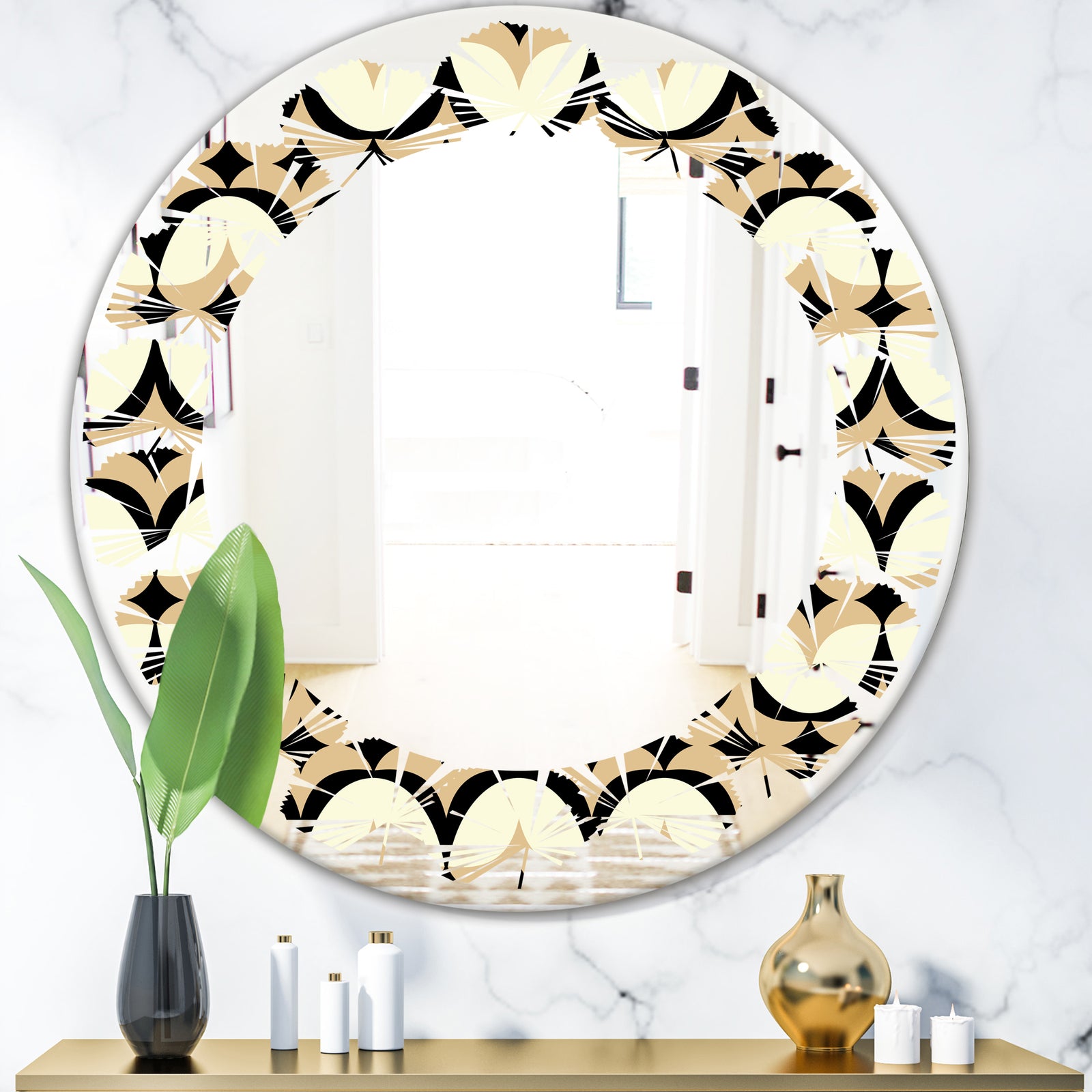 Abstract Retro Geometrical Design VII - Modern Round or Oval Wall Mirror - Leaves