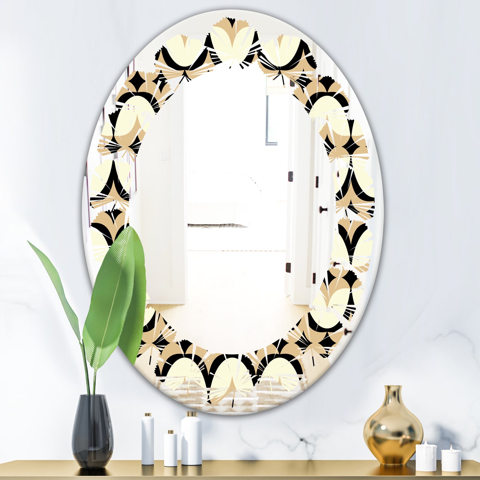 Abstract Retro Geometrical Design VII - Modern Round or Oval Wall Mirror - Leaves