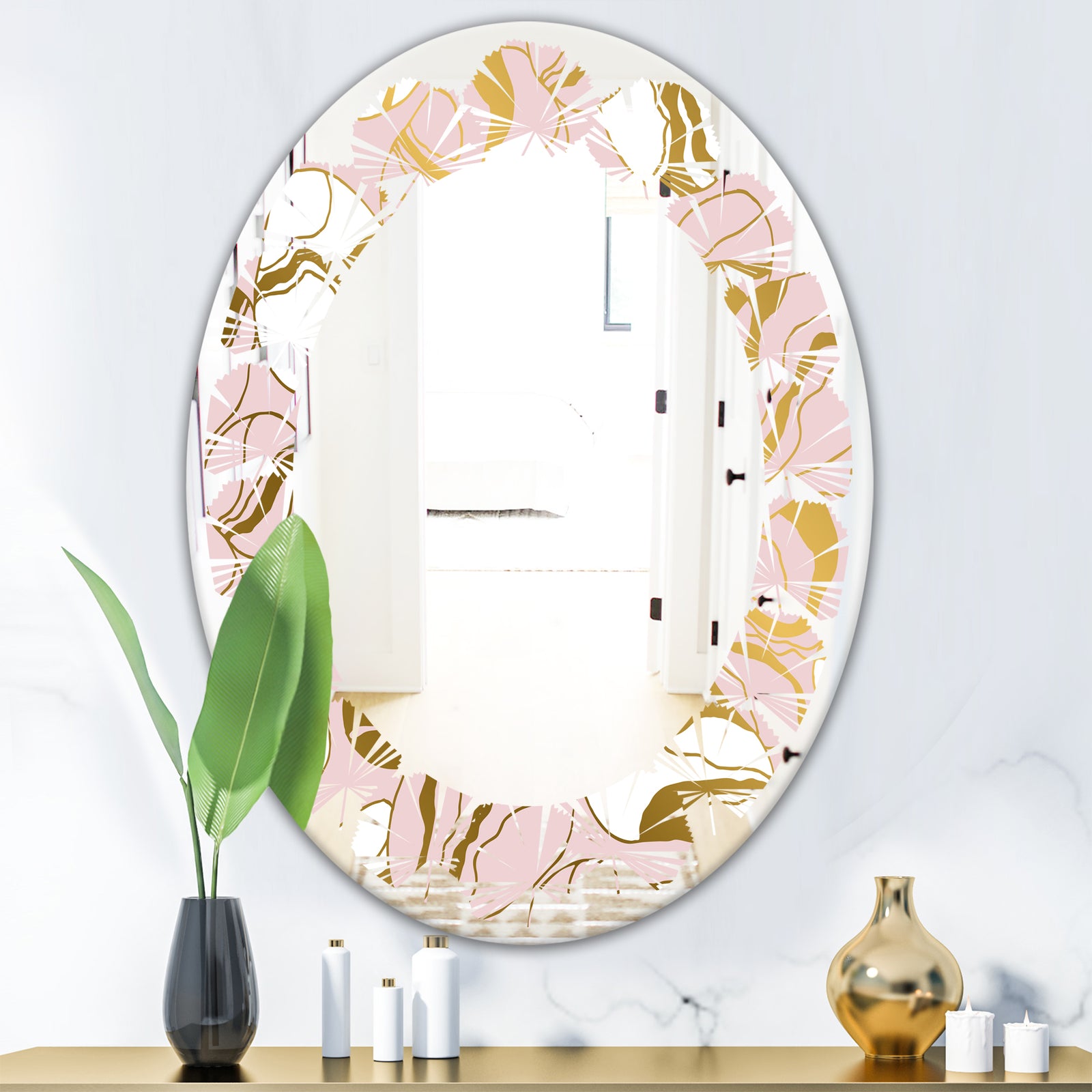 Golden Marble II - Modern Round or Oval Wall Mirror - Leaves