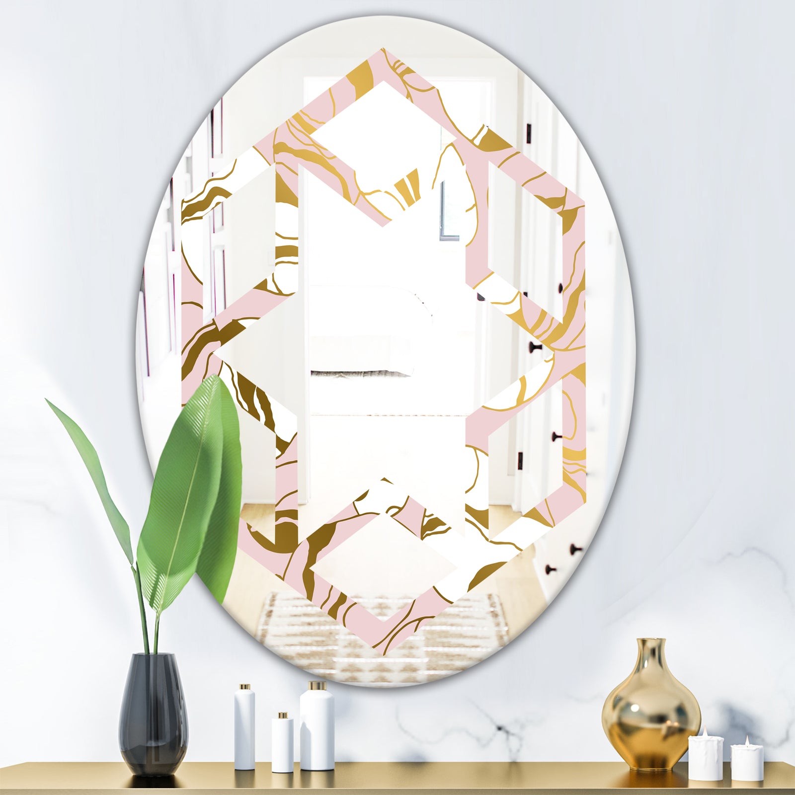 Golden Marble II - Modern Round or Oval Wall Mirror - Hexagon Star