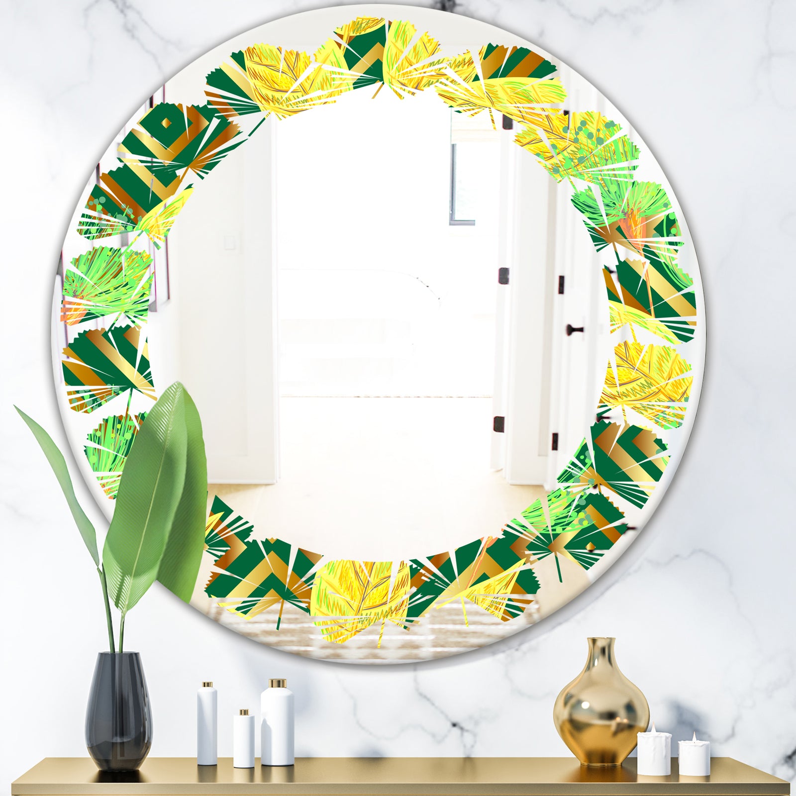 Tropical Gold Luxury Pattern II - Modern Round or Oval Wall Mirror - Leaves