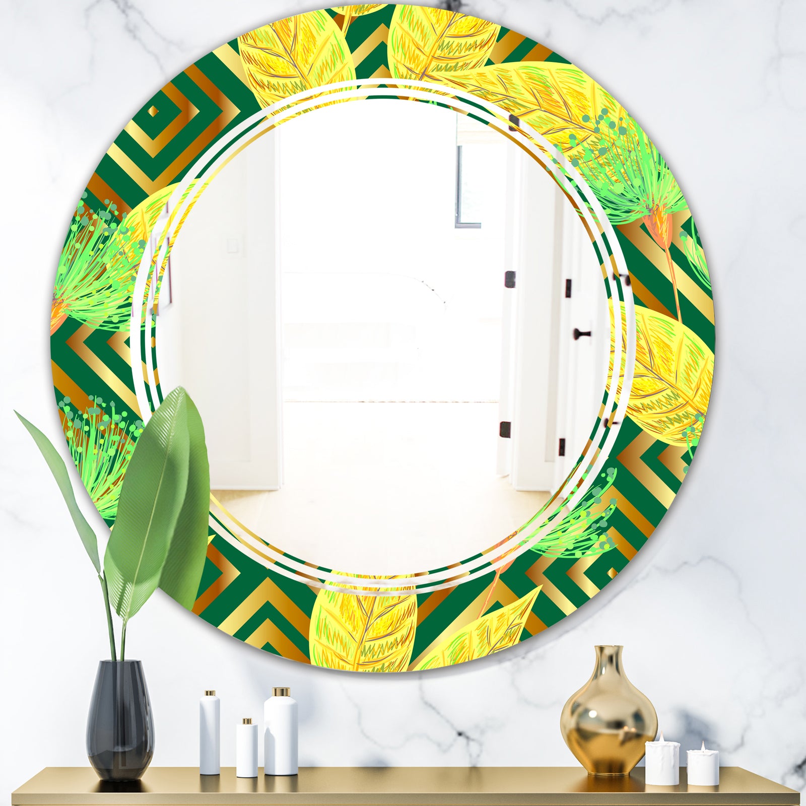 Tropical Gold Luxury Pattern II - Modern Round or Oval Wall Mirror - Triple C