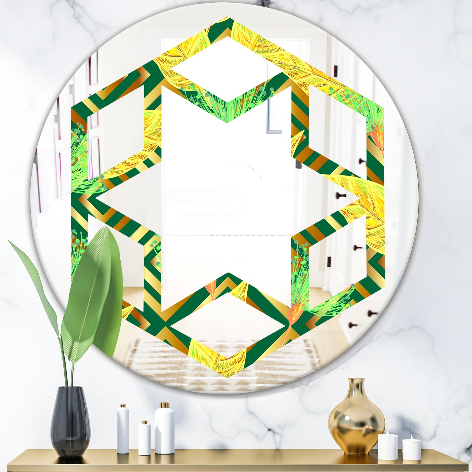 Tropical Gold Luxury Pattern II - Modern Round or Oval Wall Mirror - Hexagon Star