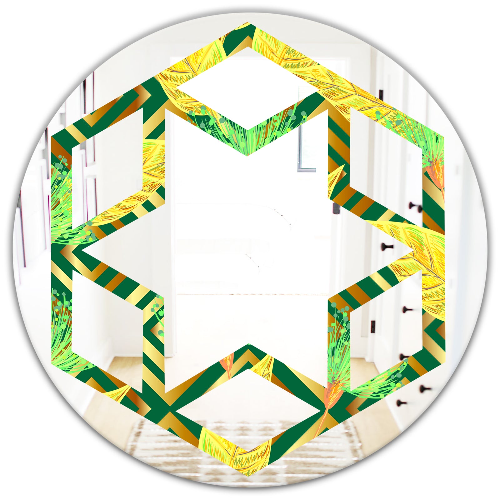 Tropical Gold Luxury Pattern II - Modern Round or Oval Wall Mirror - Hexagon Star