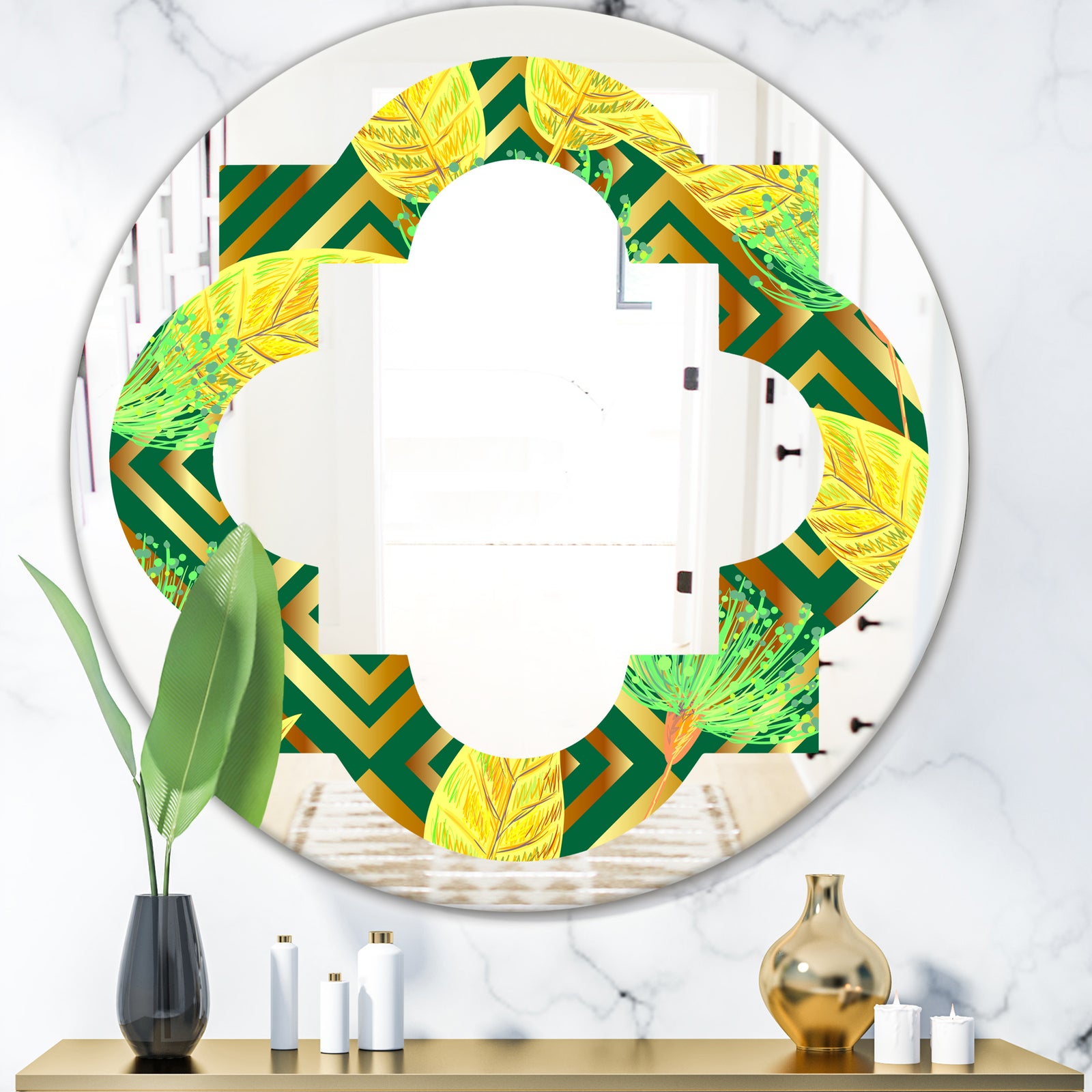 Tropical Gold Luxury Pattern II - Modern Round or Oval Wall Mirror - Quatrefoil