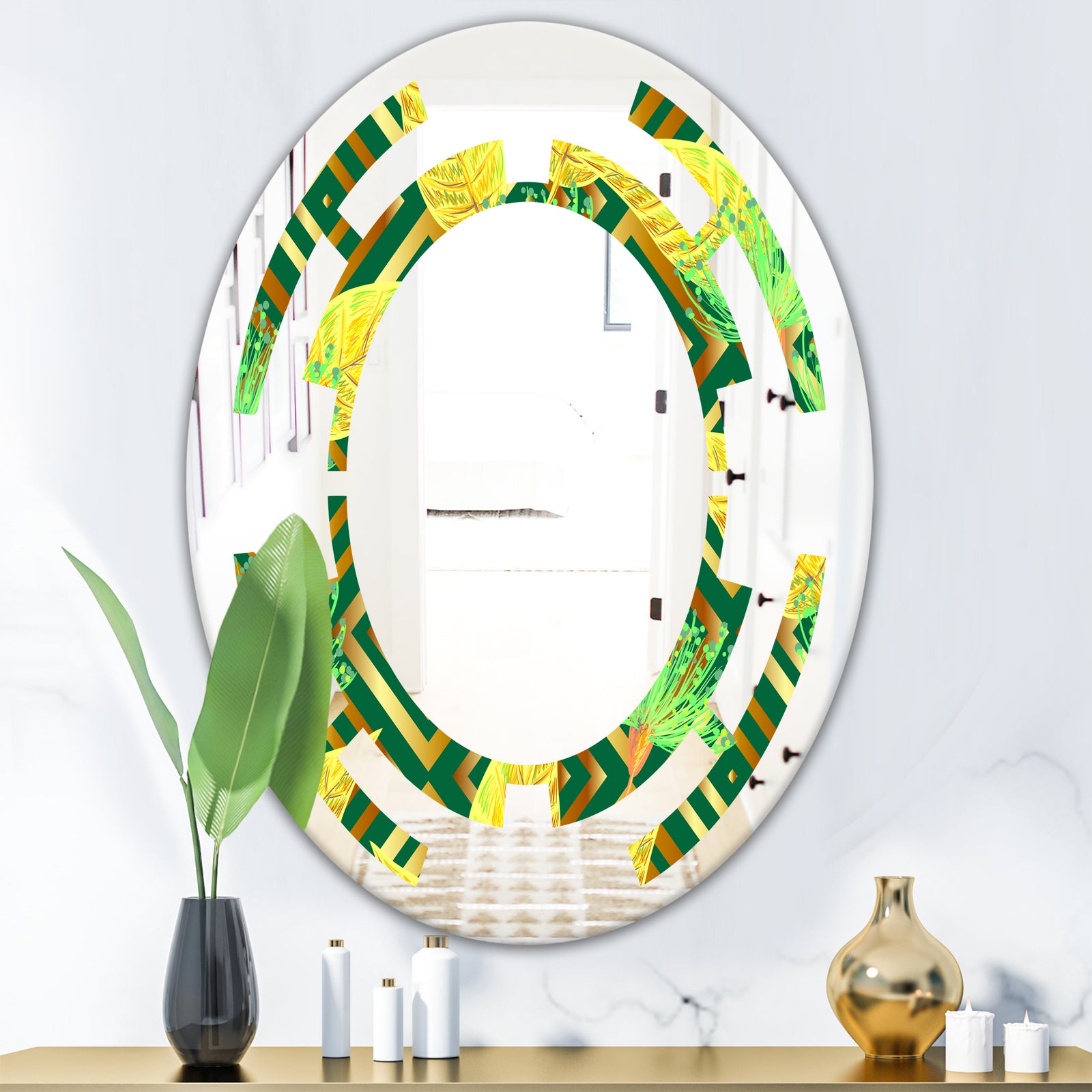 Tropical Gold Luxury Pattern II - Modern Round or Oval Wall Mirror - Space