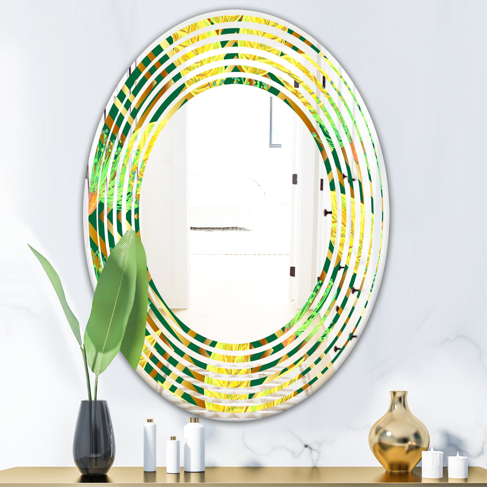 Tropical Gold Luxury Pattern II - Modern Round or Oval Wall Mirror - Wave