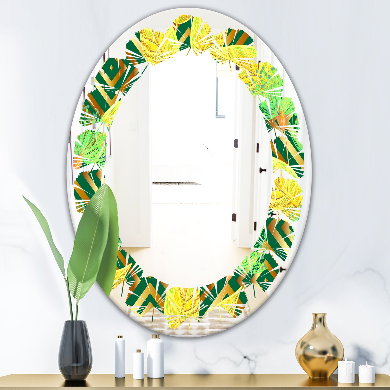 Tropical Gold Luxury Pattern II - Modern Round or Oval Wall Mirror - Leaves