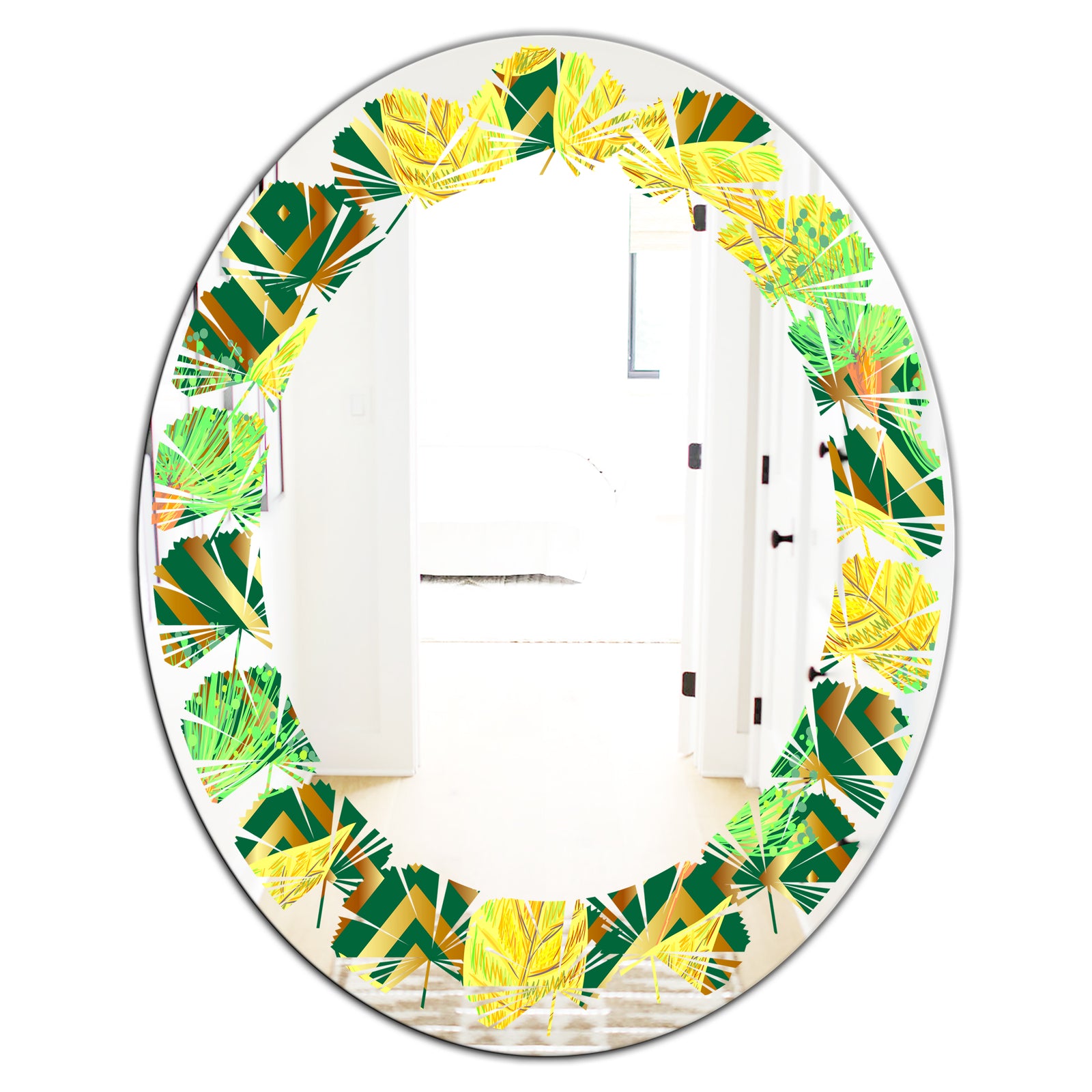 Tropical Gold Luxury Pattern II - Modern Round or Oval Wall Mirror - Leaves