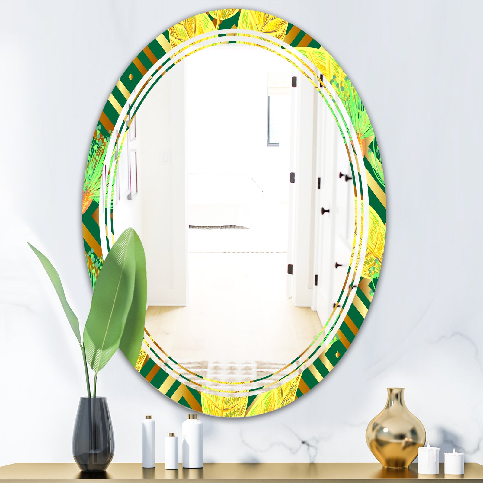 Tropical Gold Luxury Pattern II - Modern Round or Oval Wall Mirror - Triple C