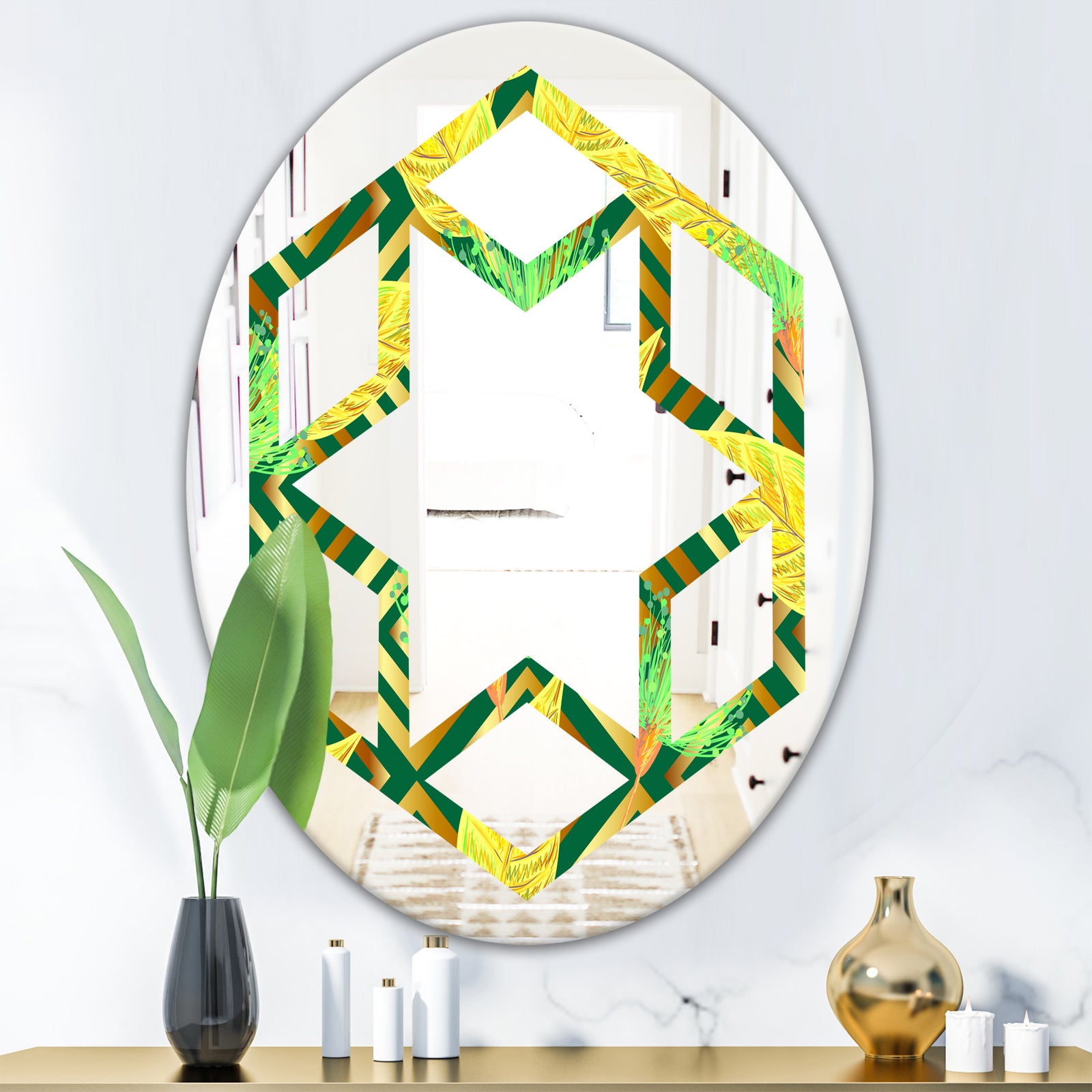 Tropical Gold Luxury Pattern II - Modern Round or Oval Wall Mirror - Hexagon Star