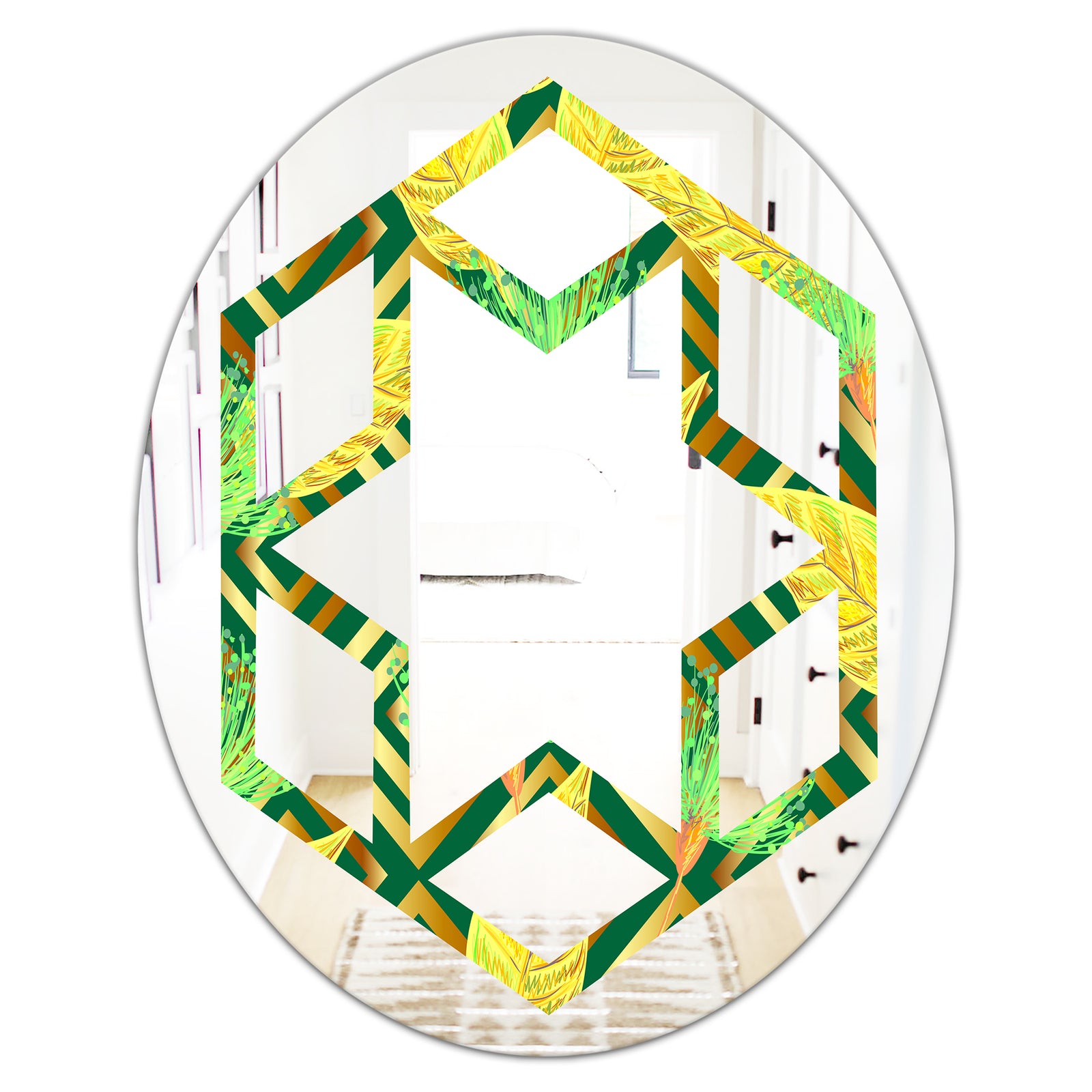 Tropical Gold Luxury Pattern II - Modern Round or Oval Wall Mirror - Hexagon Star