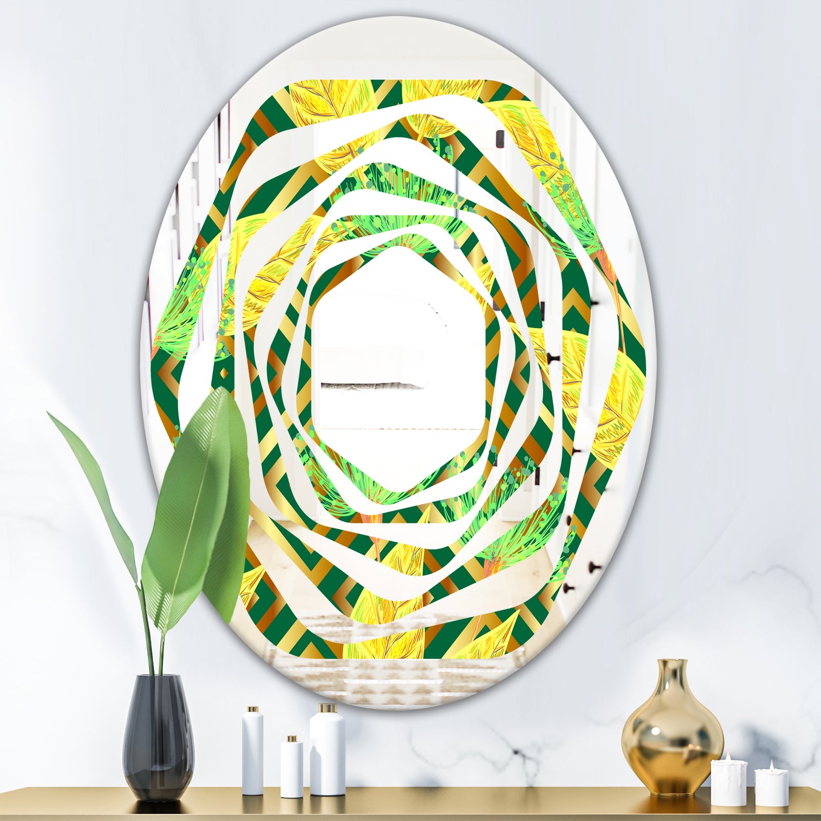 Tropical Gold Luxury Pattern II - Modern Round or Oval Wall Mirror - Whirl