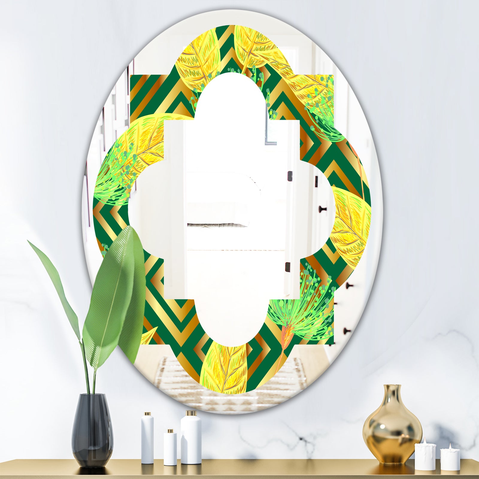 Tropical Gold Luxury Pattern II - Modern Round or Oval Wall Mirror - Quatrefoil