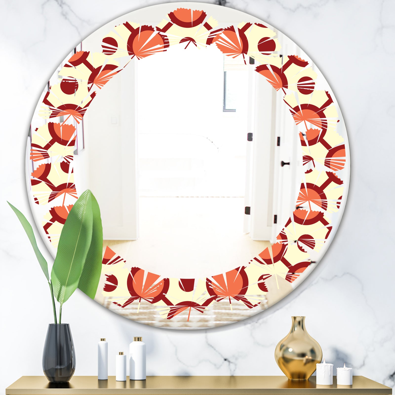 Abstract Retro Geometrical Design IX - Modern Round or Oval Wall Mirror - Leaves
