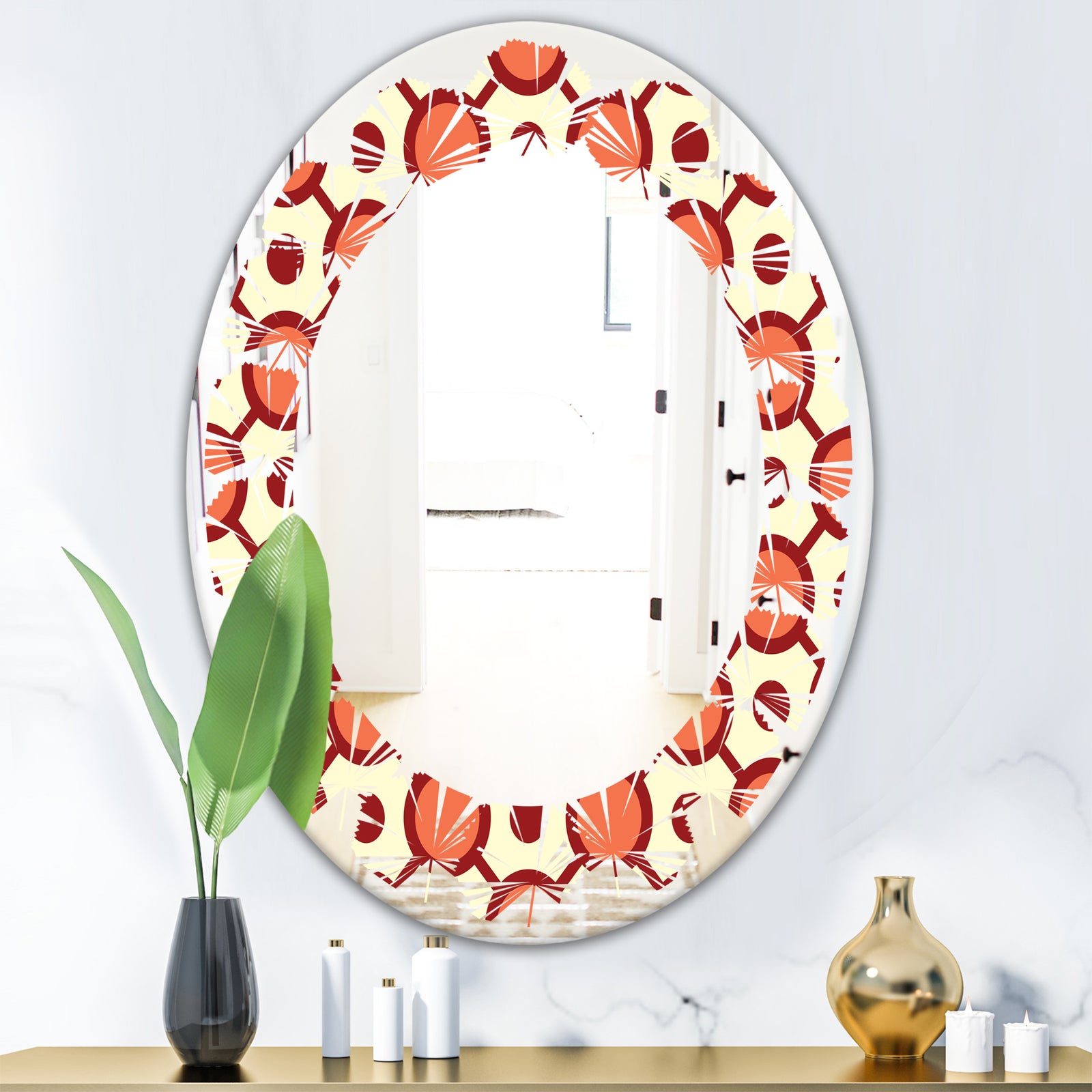 Abstract Retro Geometrical Design IX - Modern Round or Oval Wall Mirror - Leaves