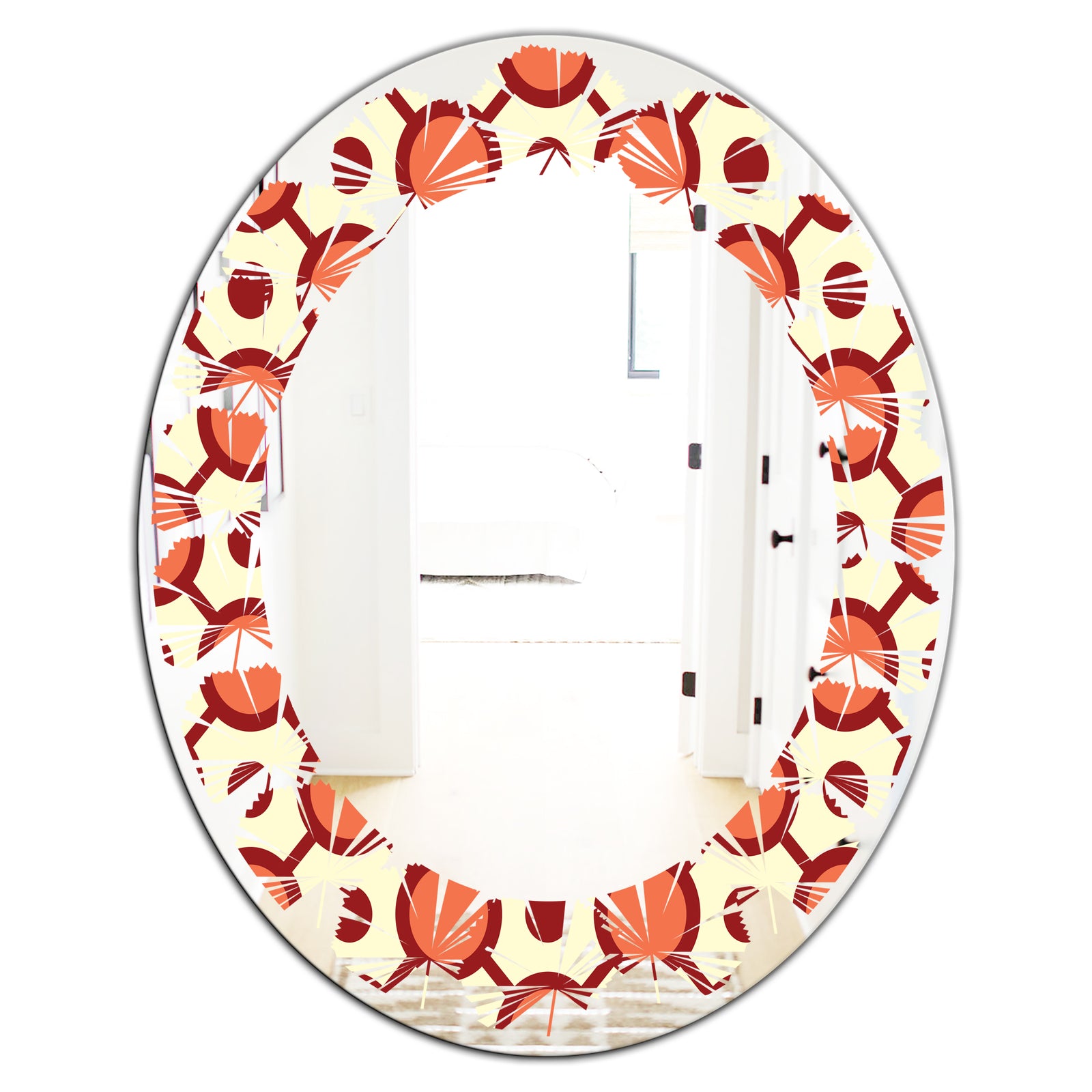 Abstract Retro Geometrical Design IX - Modern Round or Oval Wall Mirror - Leaves