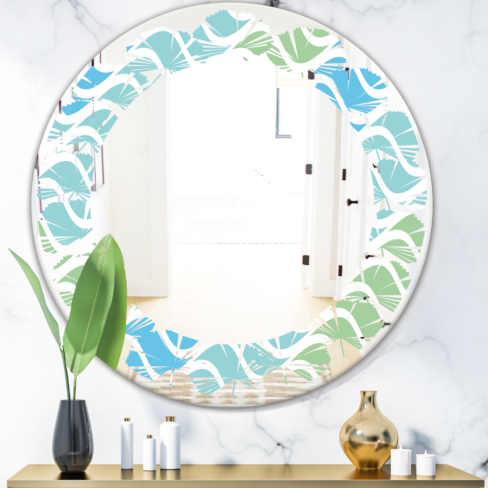 Abstract Design Retro Pattern II - Modern Round or Oval Wall Mirror - Leaves
