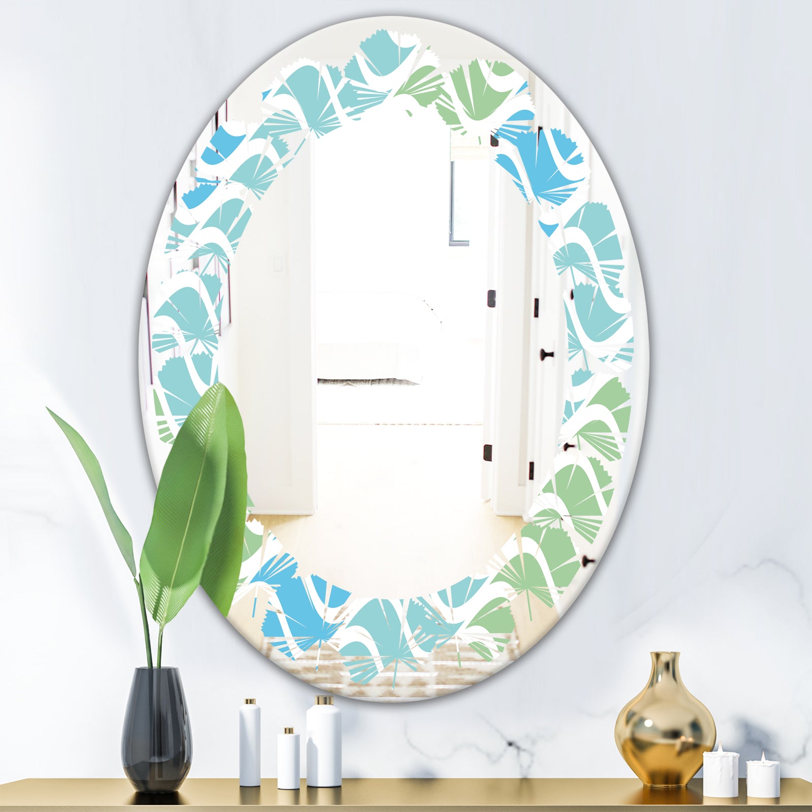 Abstract Design Retro Pattern II - Modern Round or Oval Wall Mirror - Leaves
