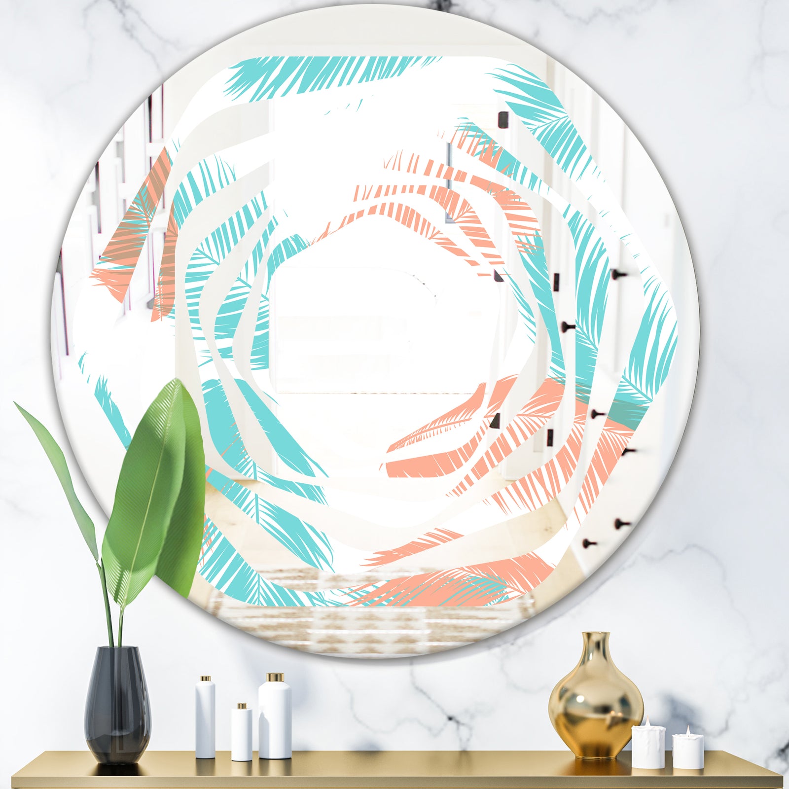 Retro Tropical Foliage II - Modern Round or Oval Wall Mirror - Whirl