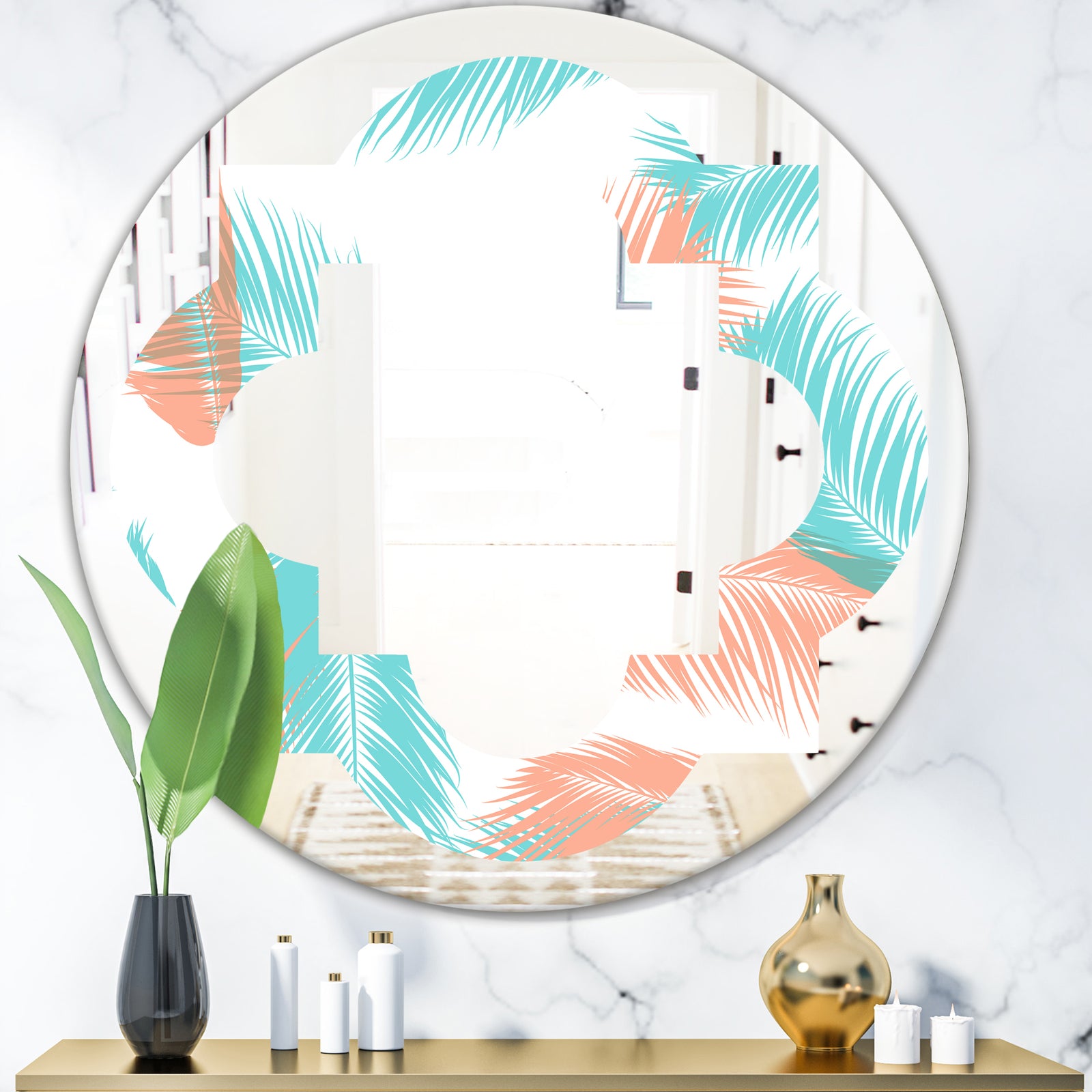 Retro Tropical Foliage II - Modern Round or Oval Wall Mirror - Quatrefoil