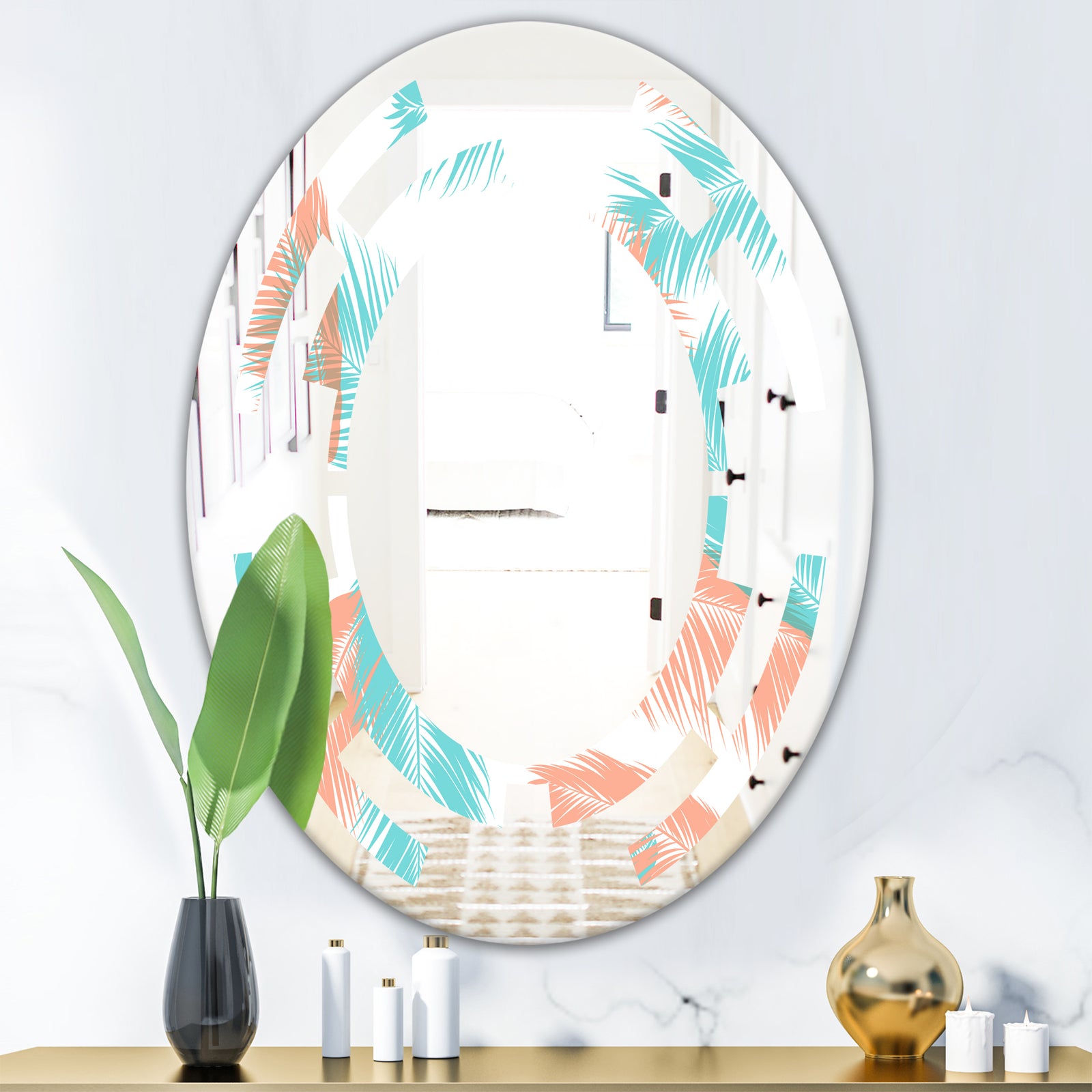 Retro Tropical Foliage II - Modern Round or Oval Wall Mirror - Space