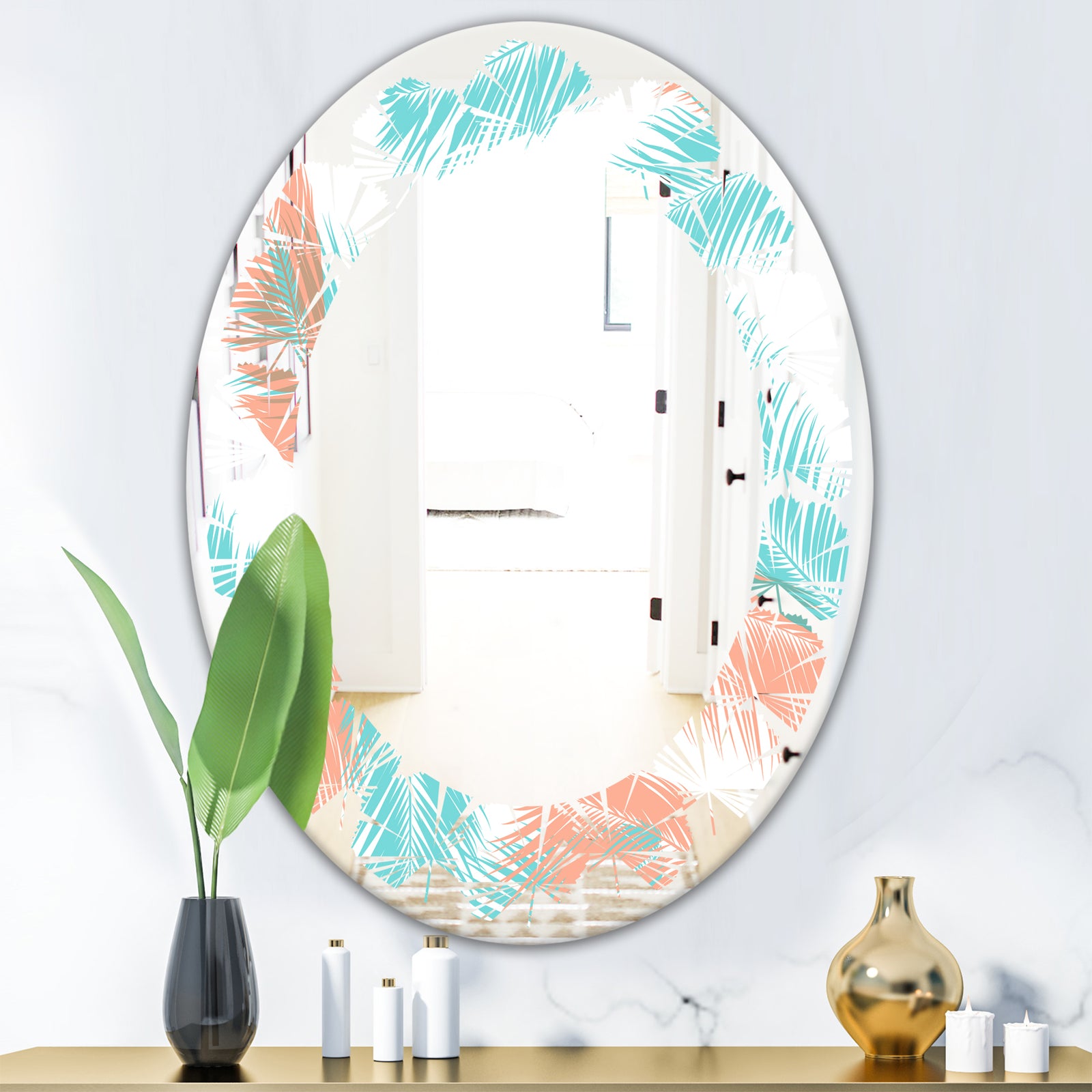 Retro Tropical Foliage II - Modern Round or Oval Wall Mirror - Leaves