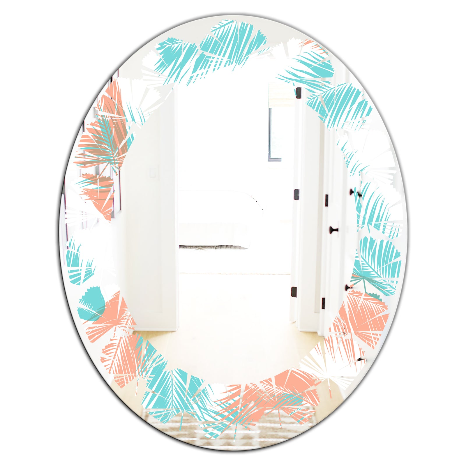 Retro Tropical Foliage II - Modern Round or Oval Wall Mirror - Leaves