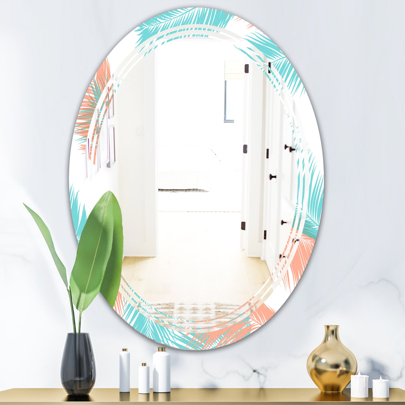 Retro Tropical Foliage II - Modern Round or Oval Wall Mirror - Triple C