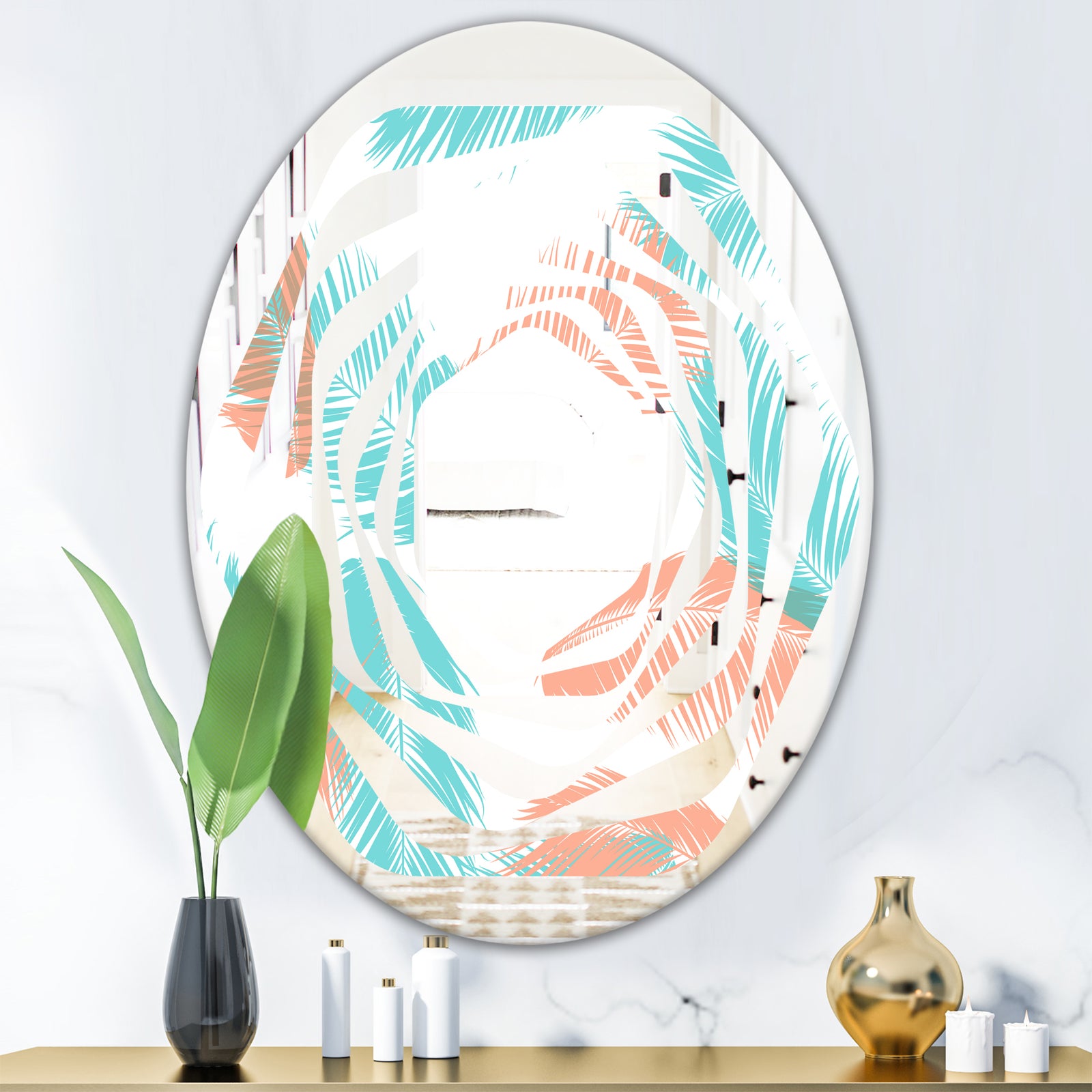 Retro Tropical Foliage II - Modern Round or Oval Wall Mirror - Whirl