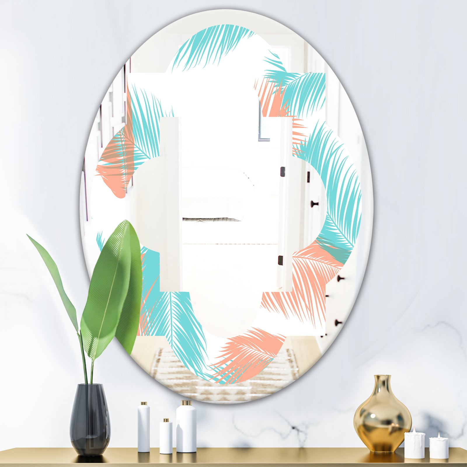 Retro Tropical Foliage II - Modern Round or Oval Wall Mirror - Quatrefoil