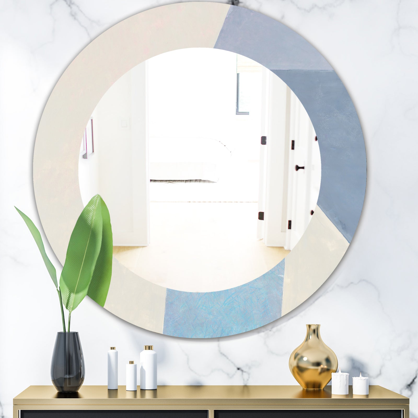 Purple Geometric Bridge I - Mid Century Round Mirror - Frameless Oval or Round Wall Mirror