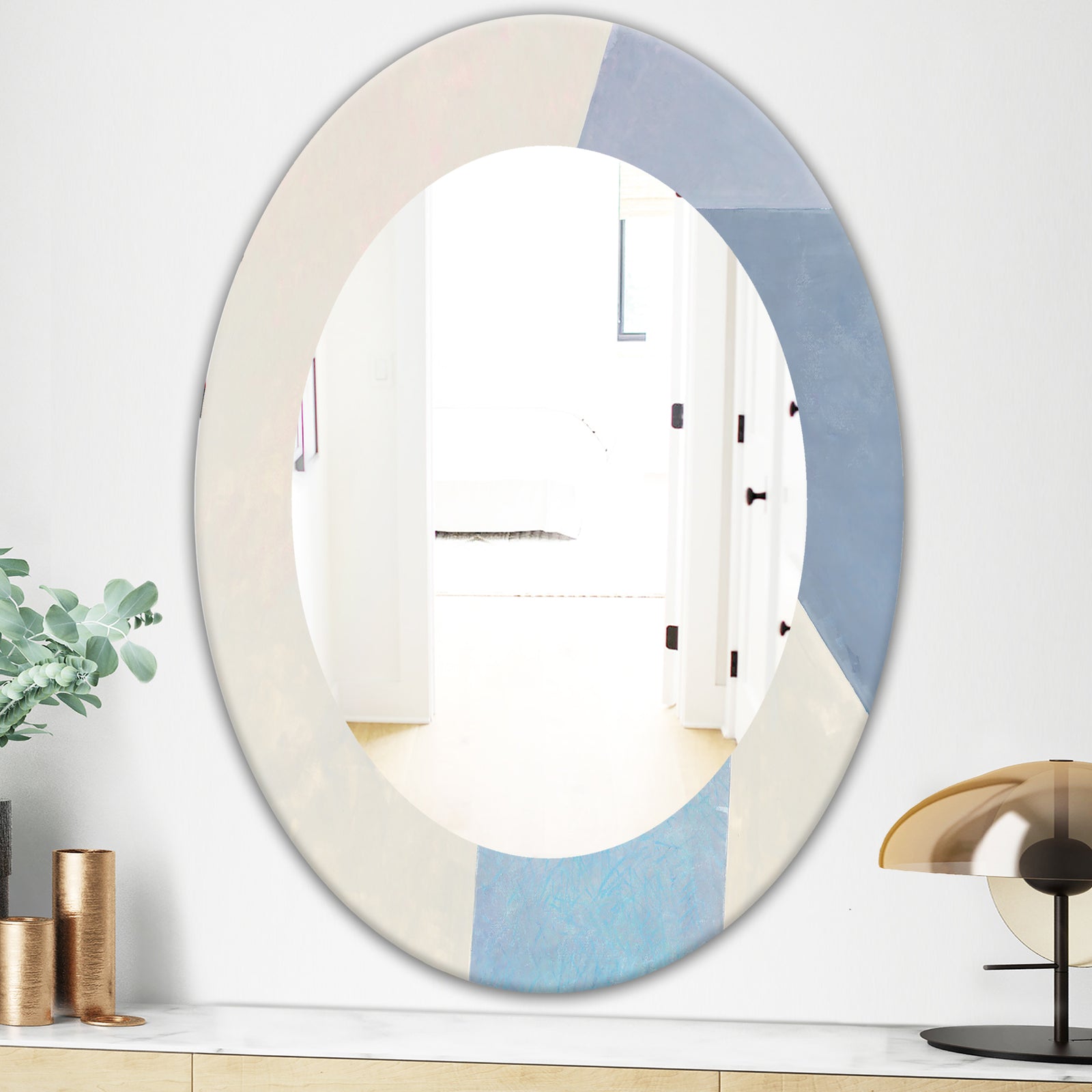 Purple Geometric Bridge I - Mid Century Round Mirror - Frameless Oval or Round Wall Mirror